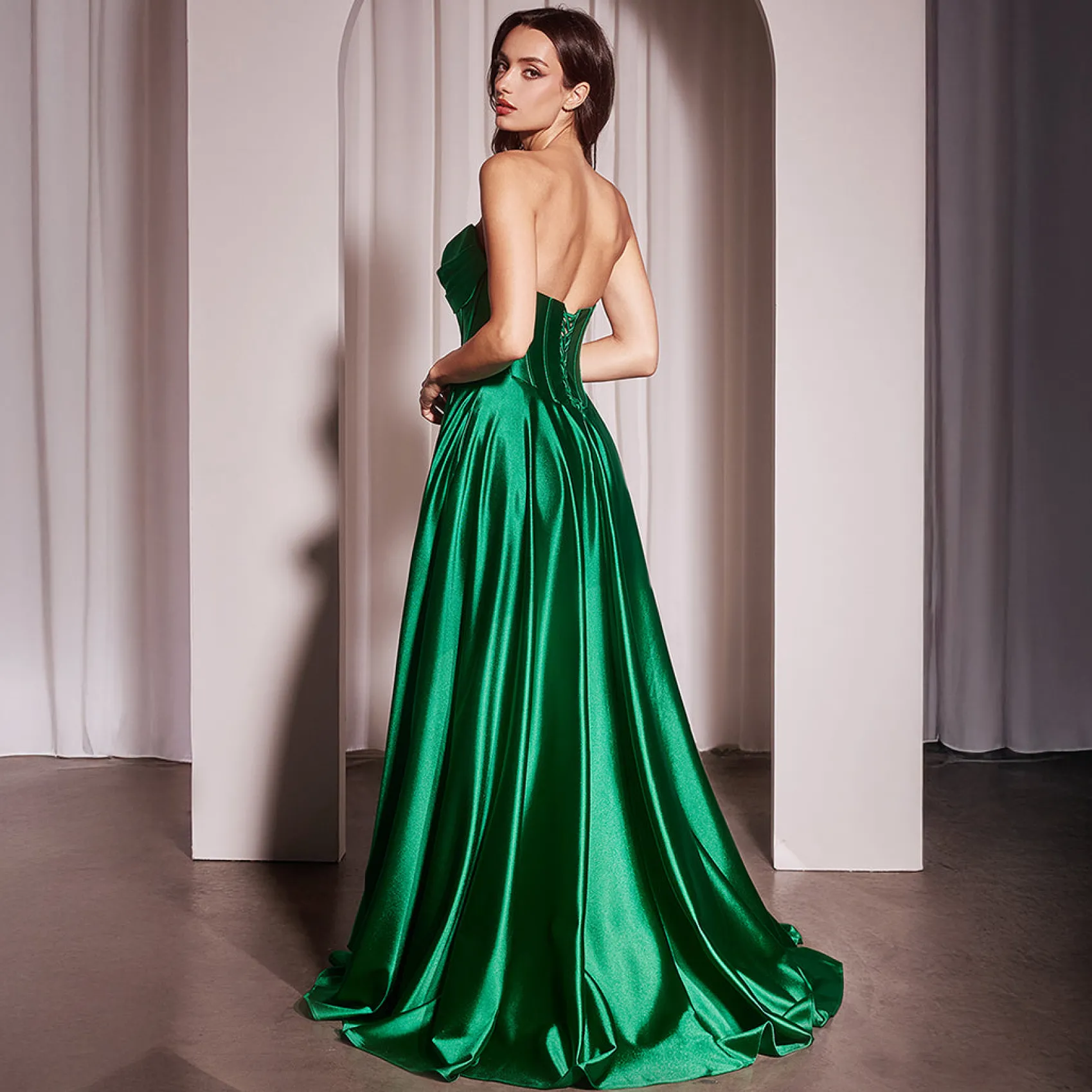 Unique Vintage Cinderella Divine Emerald Satin Strapless A-Line Slit Prom Dress Cheap