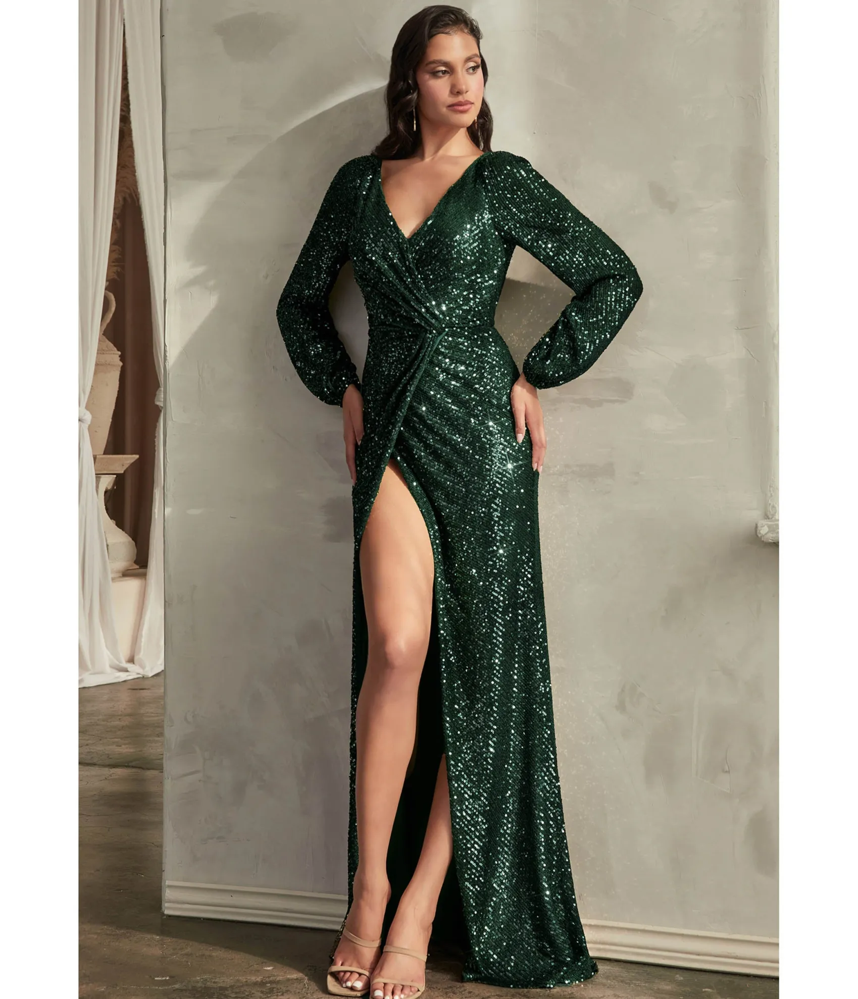 Unique Vintage Cinderella Divine Emerald Sequin Long Sleeve Slit Evening Gown Store