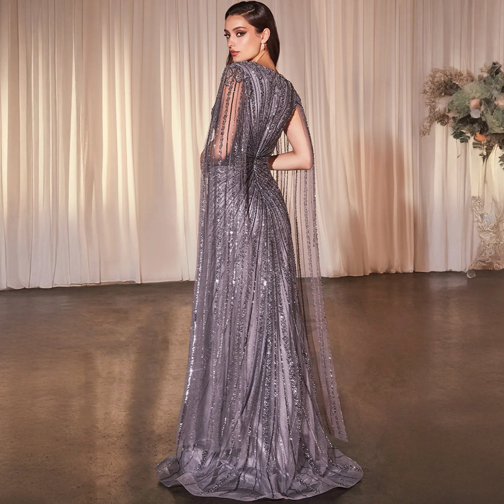 Unique Vintage Cinderella Divine English Violet Beaded Cape Sleeve Slit Prom Dress Store