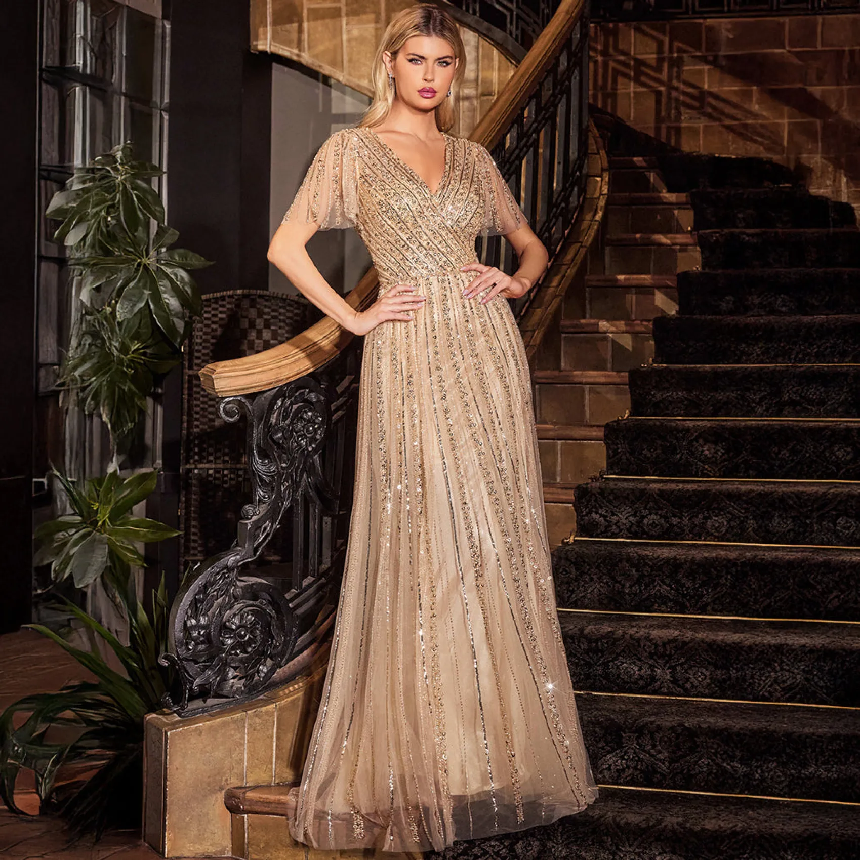 Unique Vintage Cinderella Divine Gold Beaded Short Sleeve A-Line Prom Dress Outlet