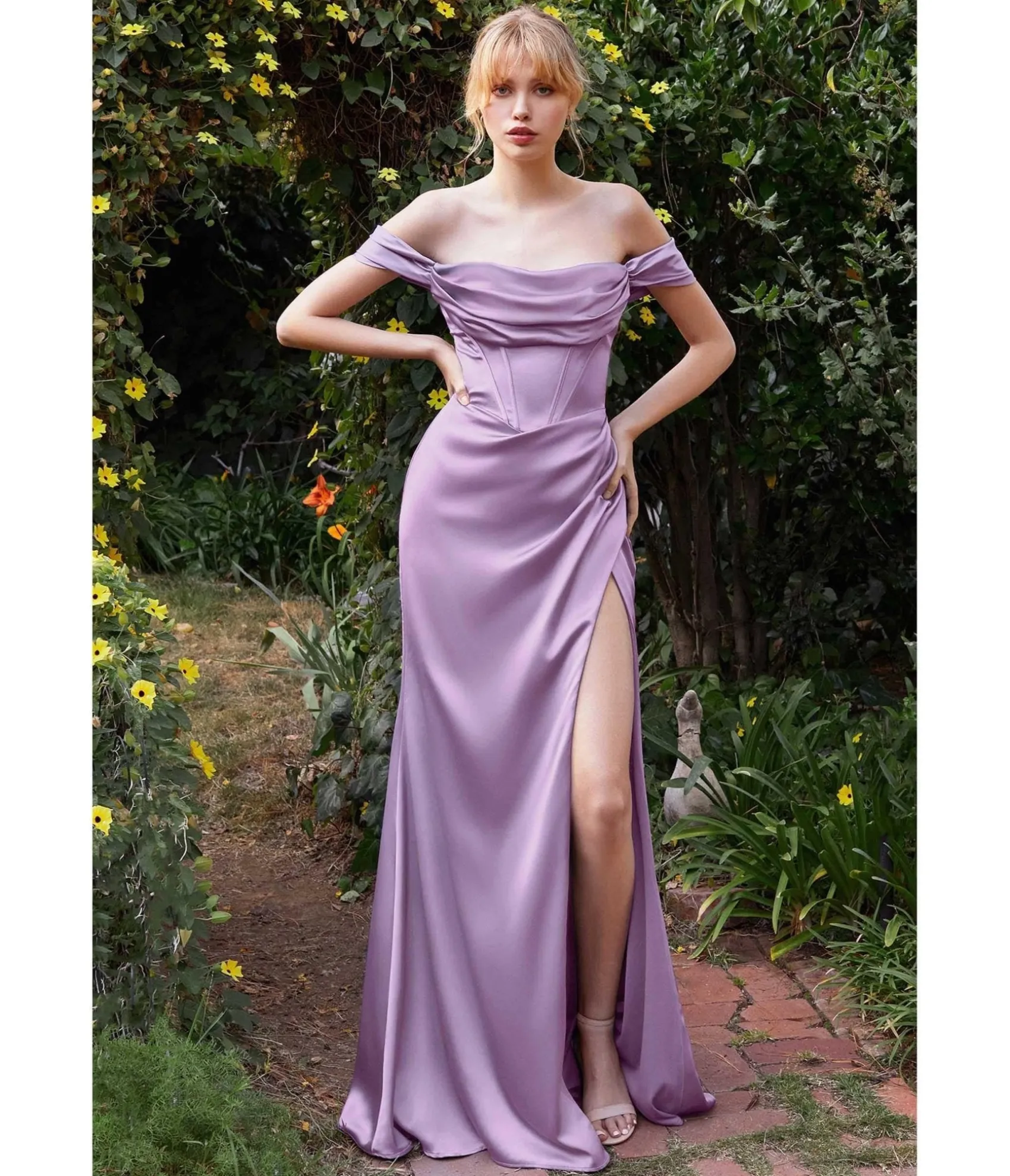 Unique Vintage Cinderella Divine Lavender Satin Off the Shoulder Corset Bridesmaid Gown Online