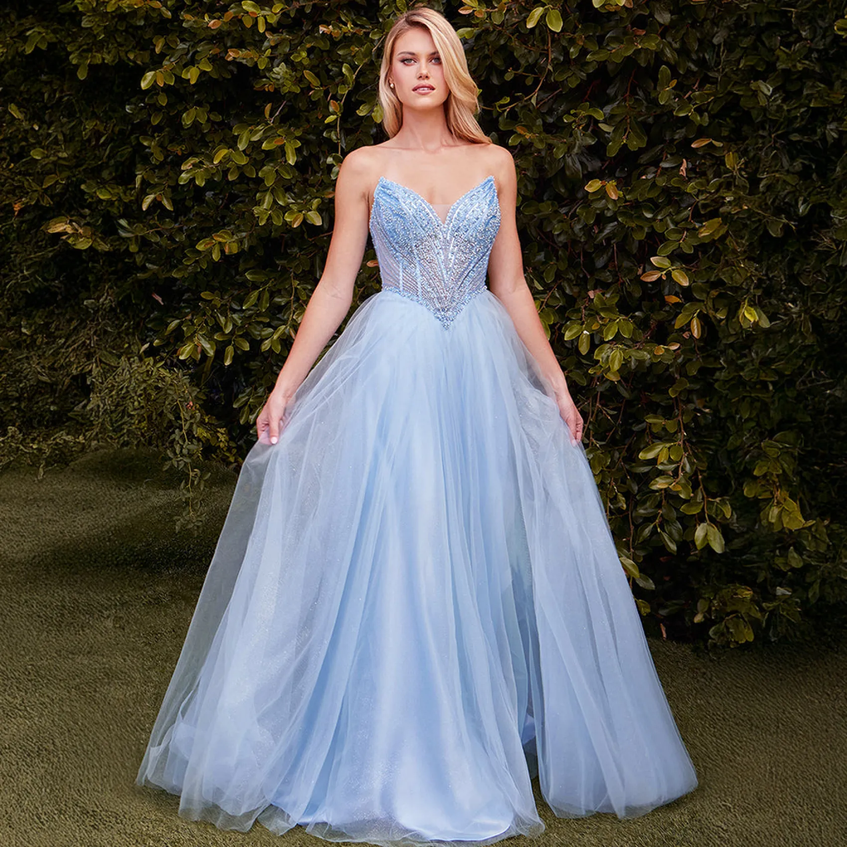 Unique Vintage Cinderella Divine Light Blue Beaded Strapless Tulle Prom Dress Online