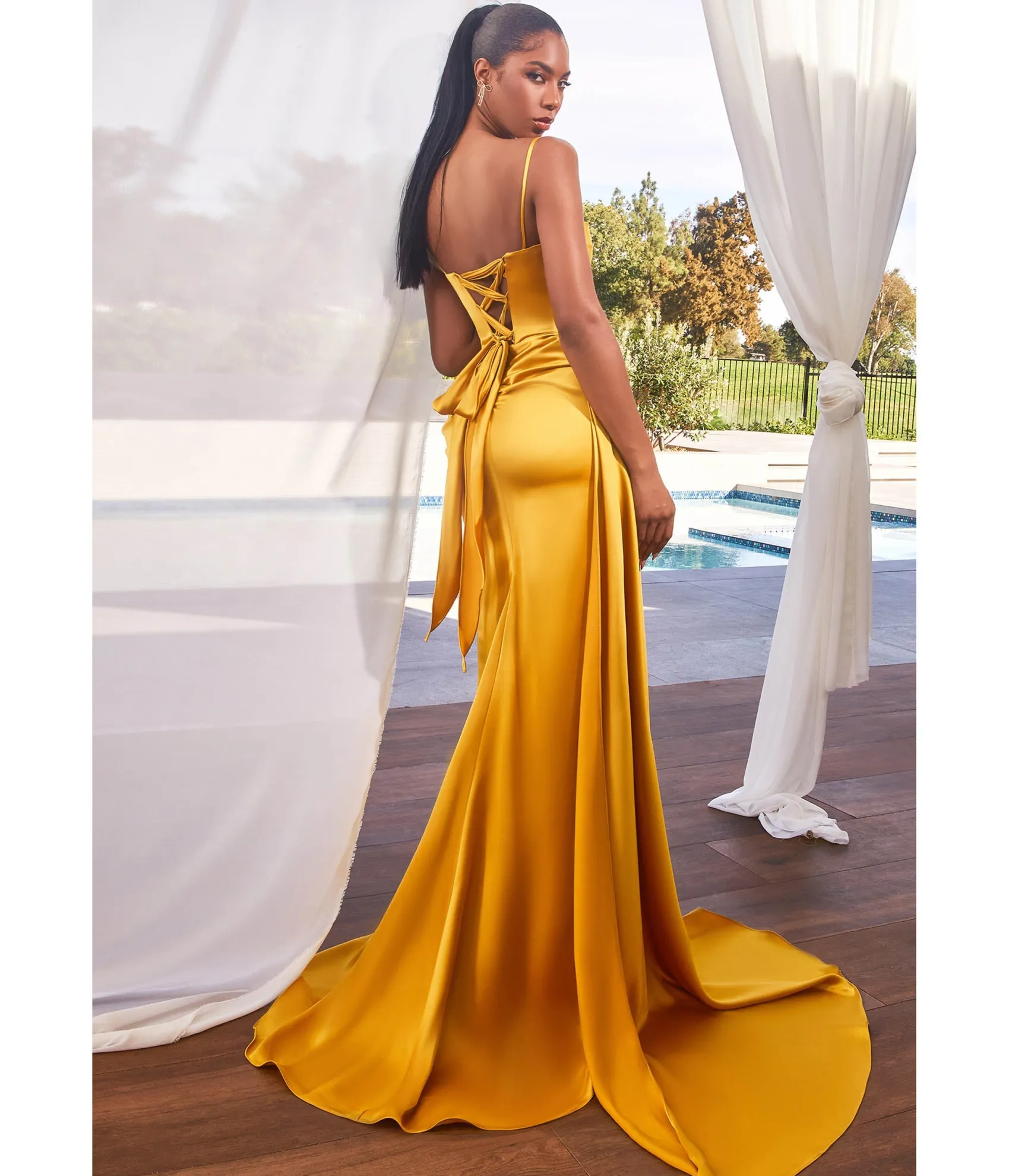 Unique Vintage Cinderella Divine Marigold Satin High Slit Prom Gown Discount