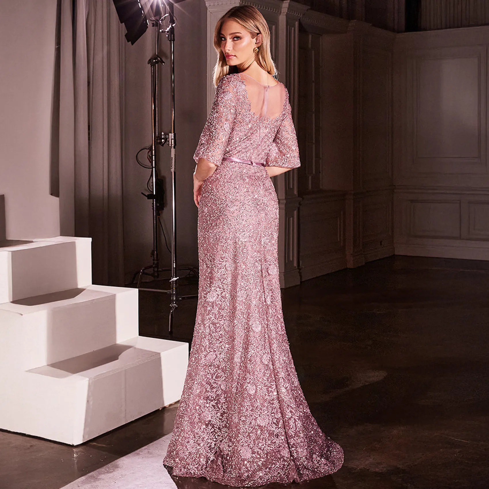 Unique Vintage Cinderella Divine Mauve Lace Fitted Mid-Sleeve Prom Dress Cheap