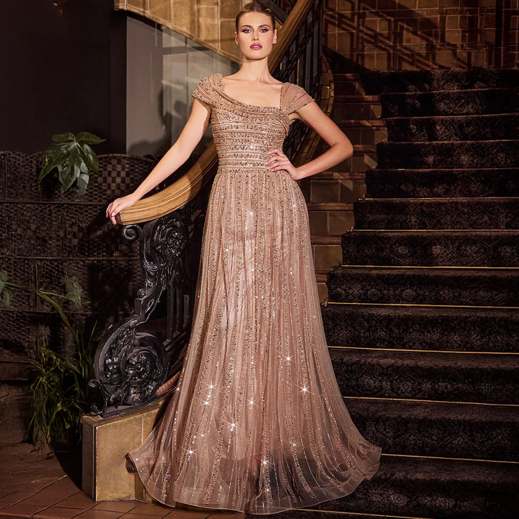 Unique Vintage Cinderella Divine Mocha Gold Beaded Off Shoulder A-Line Prom Dress Discount