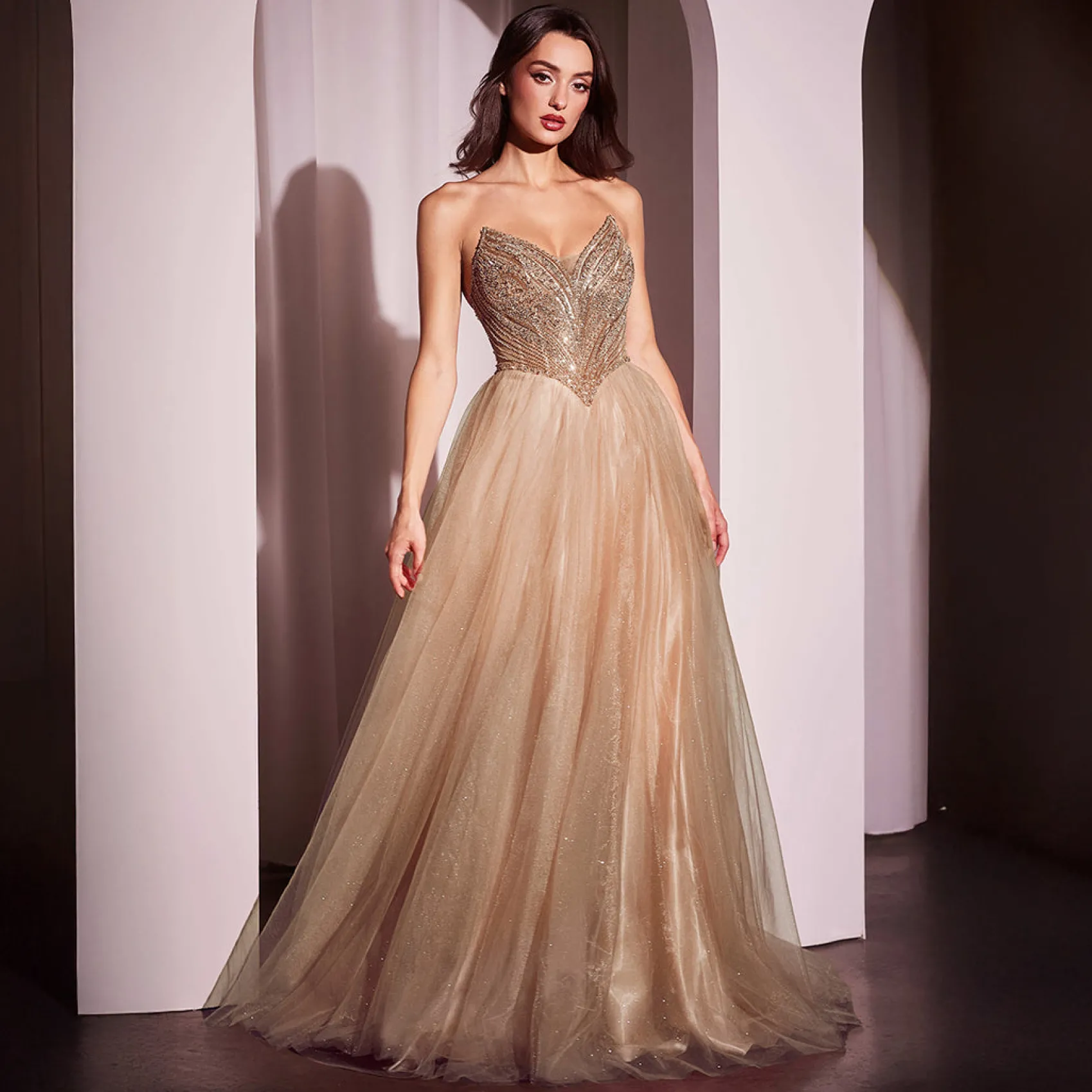 Unique Vintage Cinderella Divine Mocha Gold Beaded Strapless Tulle Prom Dress Fashion