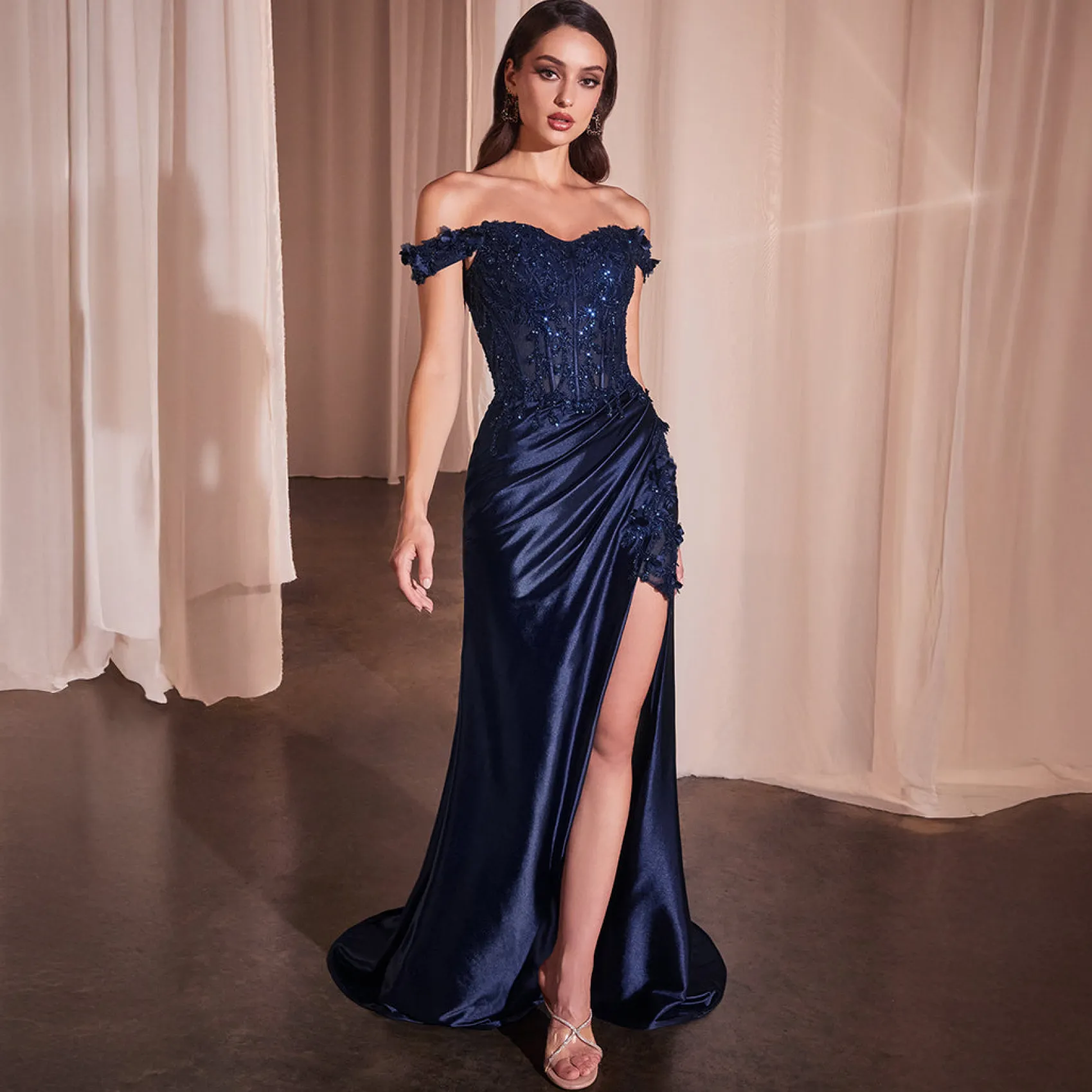 Unique Vintage Cinderella Divine Navy Fitted 3D Floral Corset Prom Dress Cheap