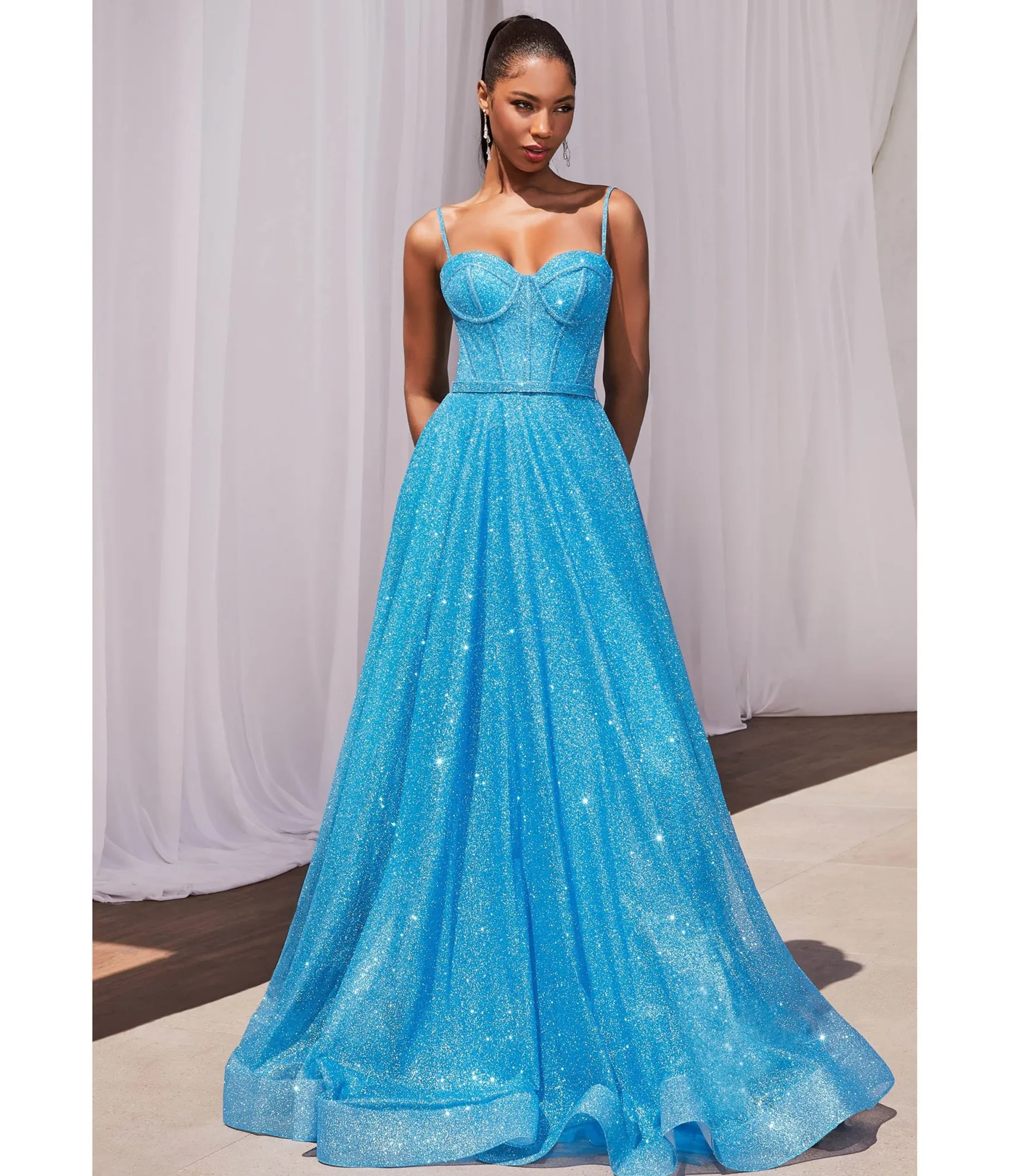 Unique Vintage Cinderella Divine Ocean Blue Glitter Strapless Prom Gown Fashion