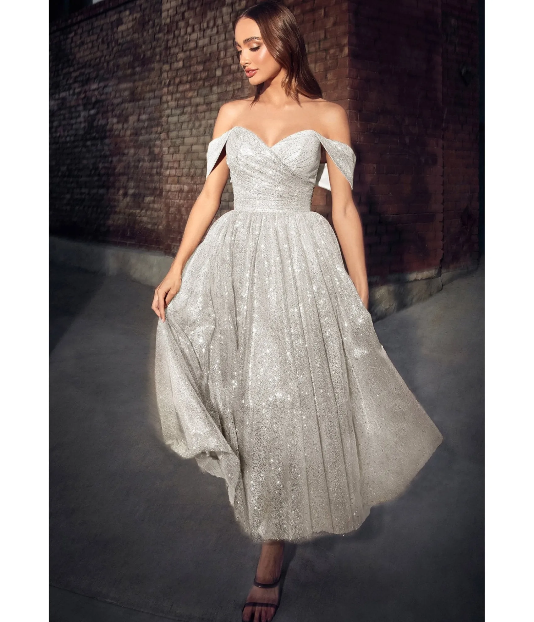 Unique Vintage Cinderella Divine Off White Glitter Off The Shoulder Tea Length Gown Store