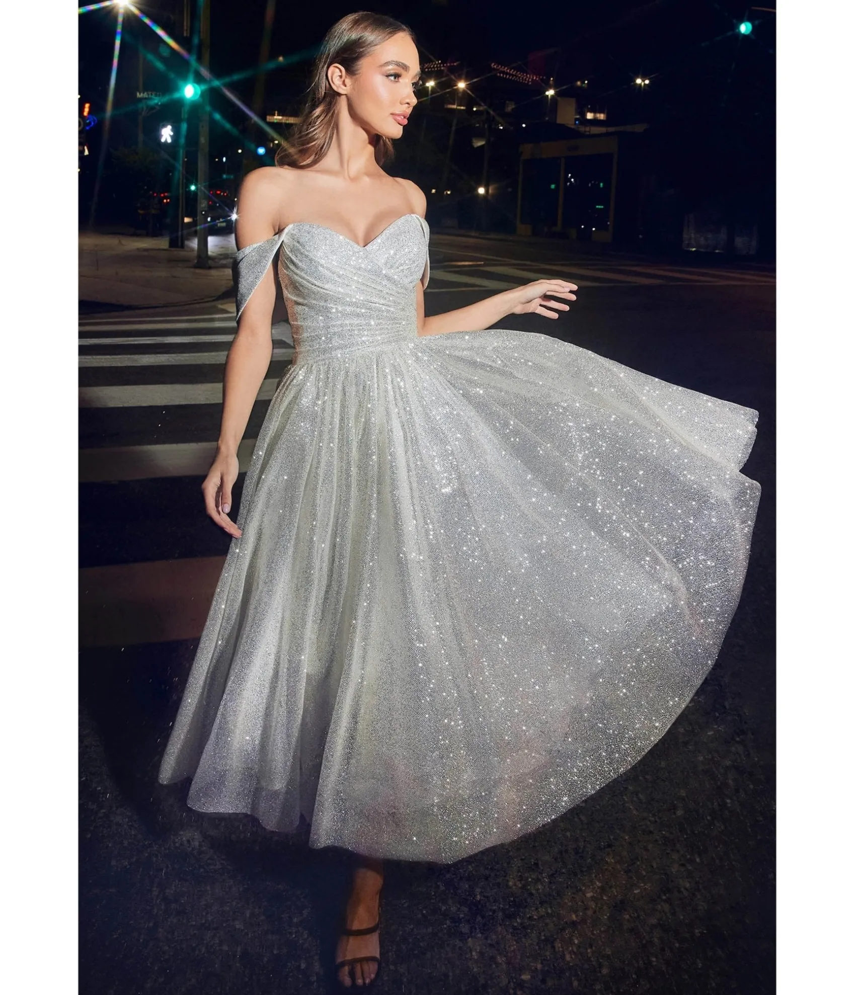 Unique Vintage Cinderella Divine Off White Glitter Off The Shoulder Tea Length Gown Store