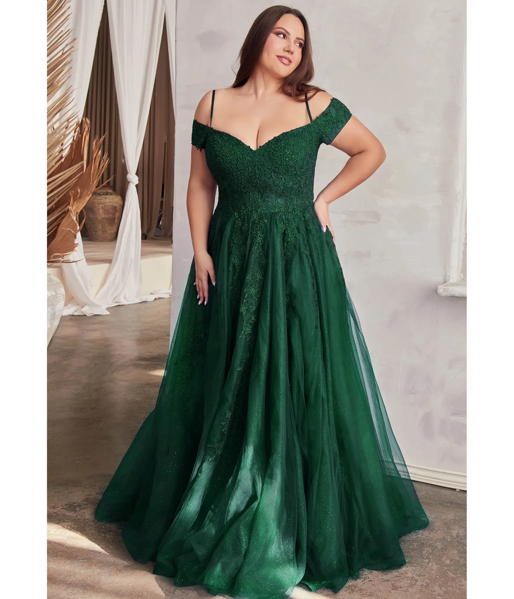 Unique Vintage Cinderella Divine Plus Size Emerald Glitter Tulle Off The Shoulder Applique Slit Gown Shop