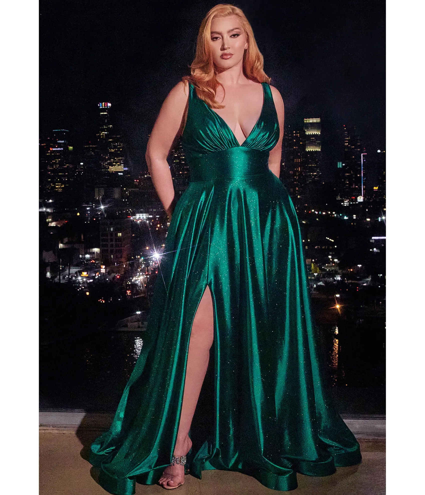 Unique Vintage Cinderella Divine Plus Size Emerald Satin Prom Dress Clearance