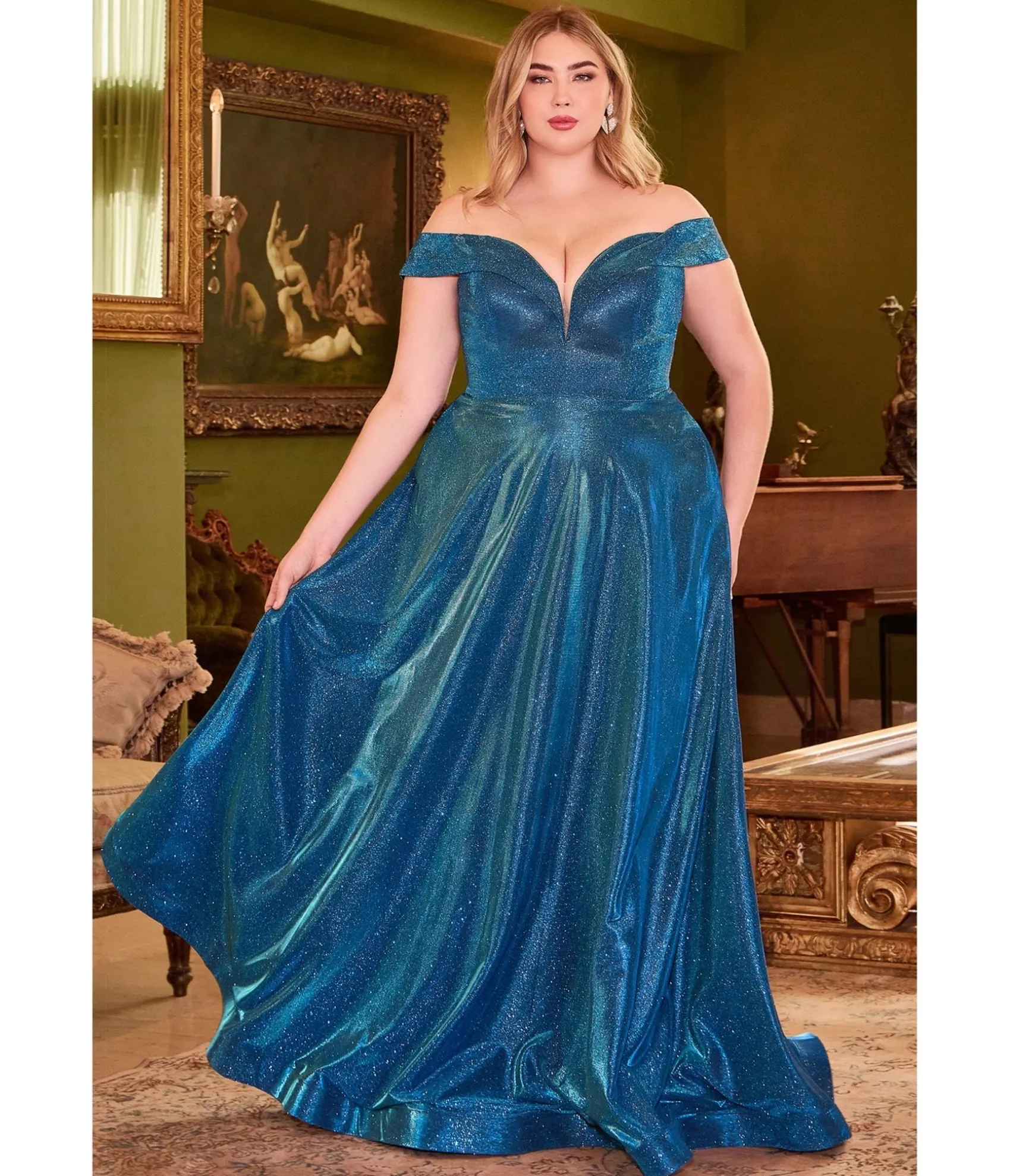 Unique Vintage Cinderella Divine Plus Size Metallic Blue Off The Shoulder Bridesmaid Gown Fashion