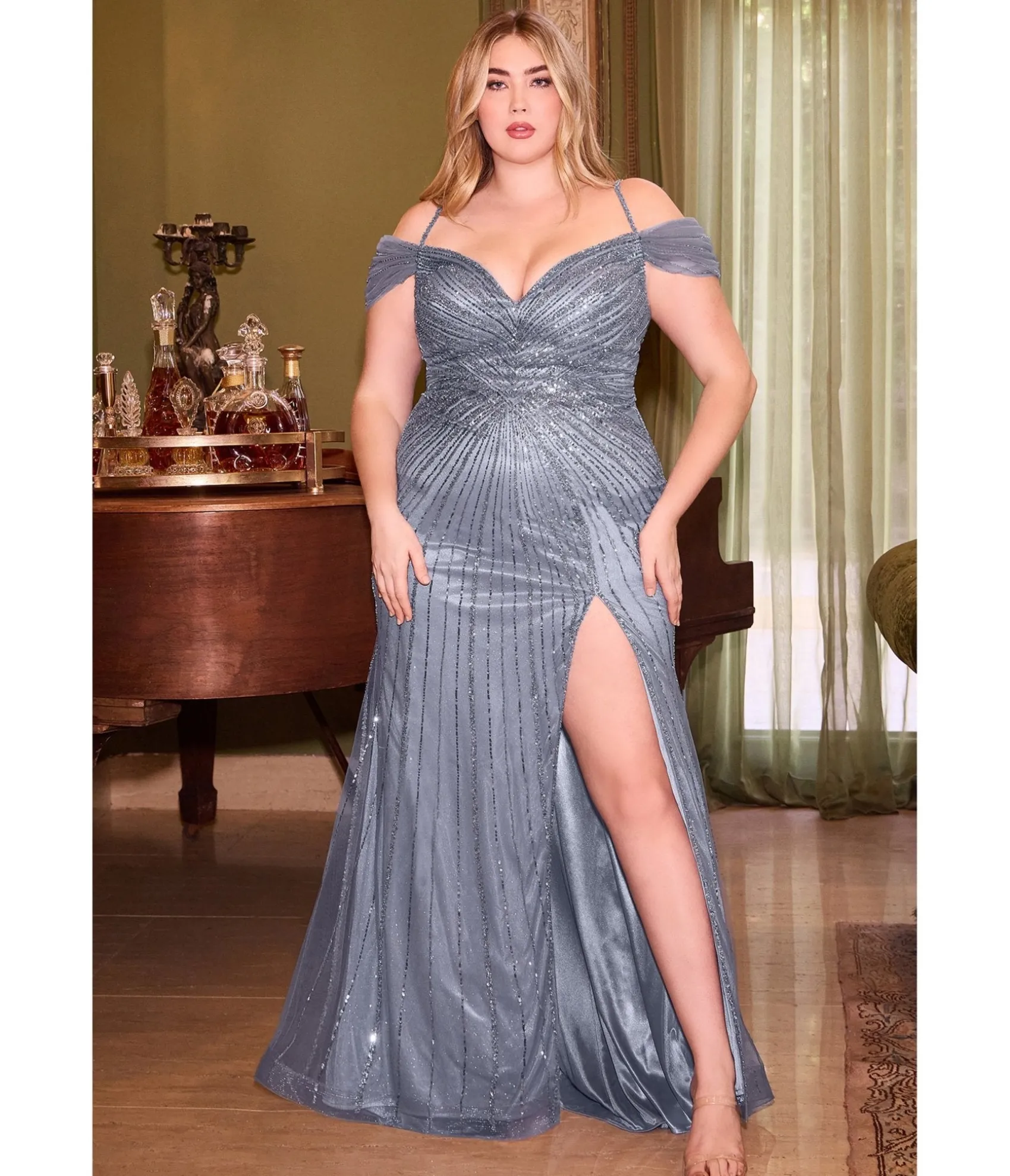 Unique Vintage Cinderella Divine Plus Size Smoky Blue Off The Shoulder Fitted Sequin Bridesmaid Dress Store