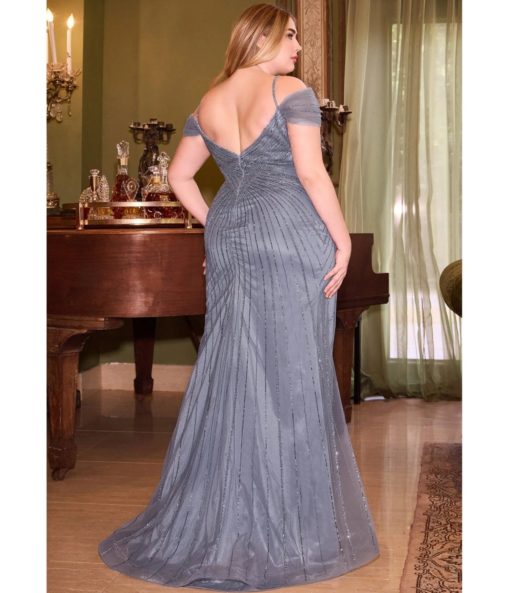 Unique Vintage Cinderella Divine Plus Size Smoky Blue Off The Shoulder Fitted Sequin Bridesmaid Dress Store