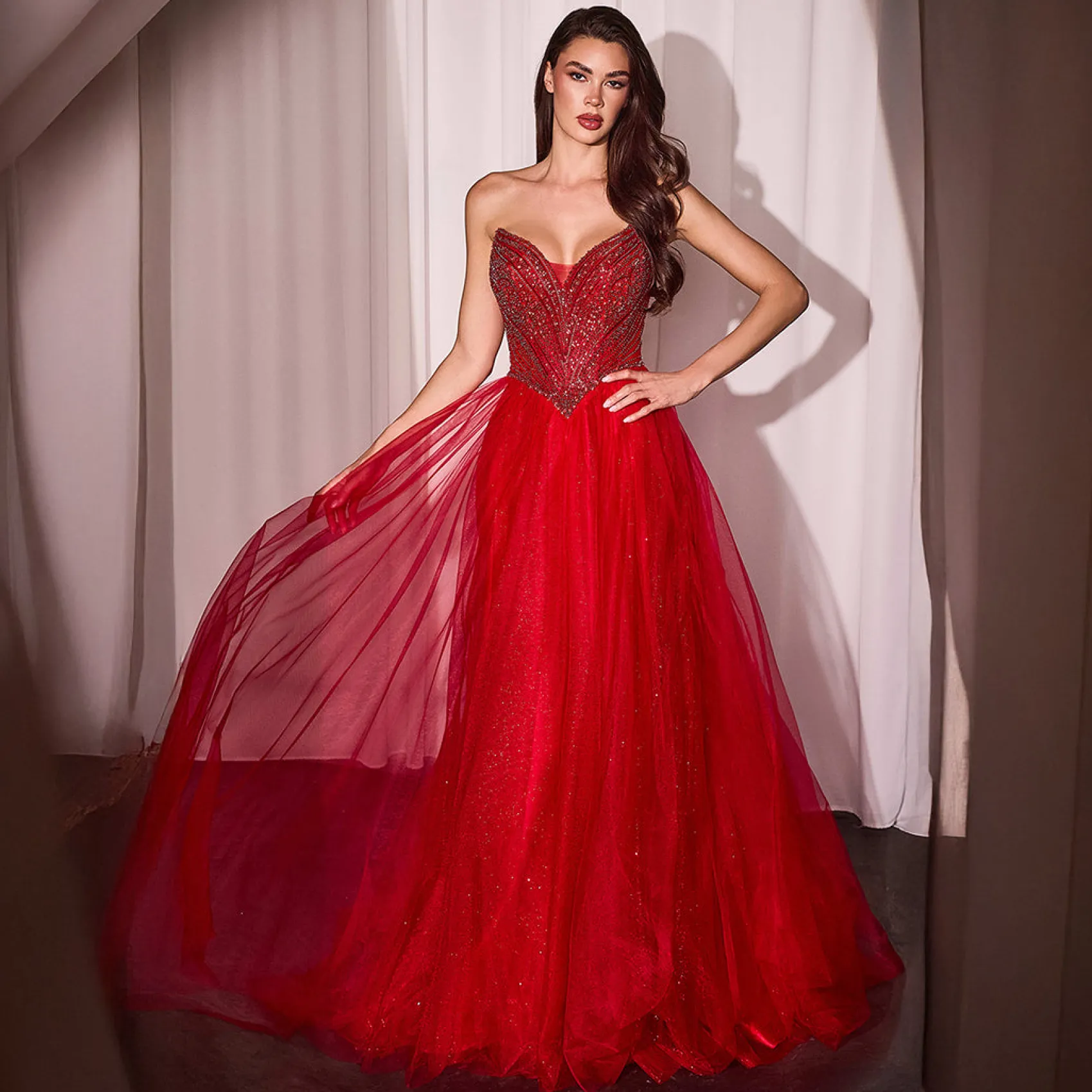 Unique Vintage Cinderella Divine Red Beaded Strapless Tulle Prom Dress Hot