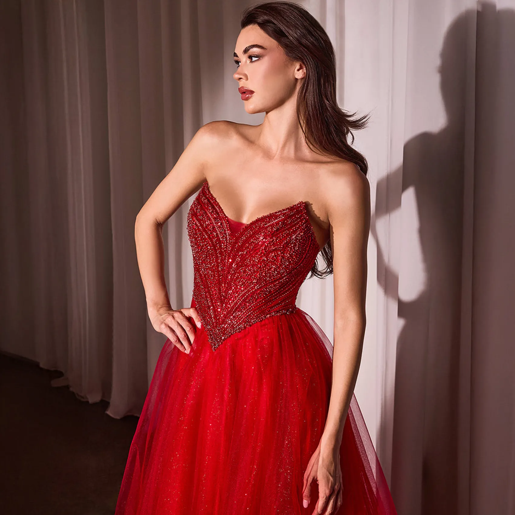 Unique Vintage Cinderella Divine Red Beaded Strapless Tulle Prom Dress Hot