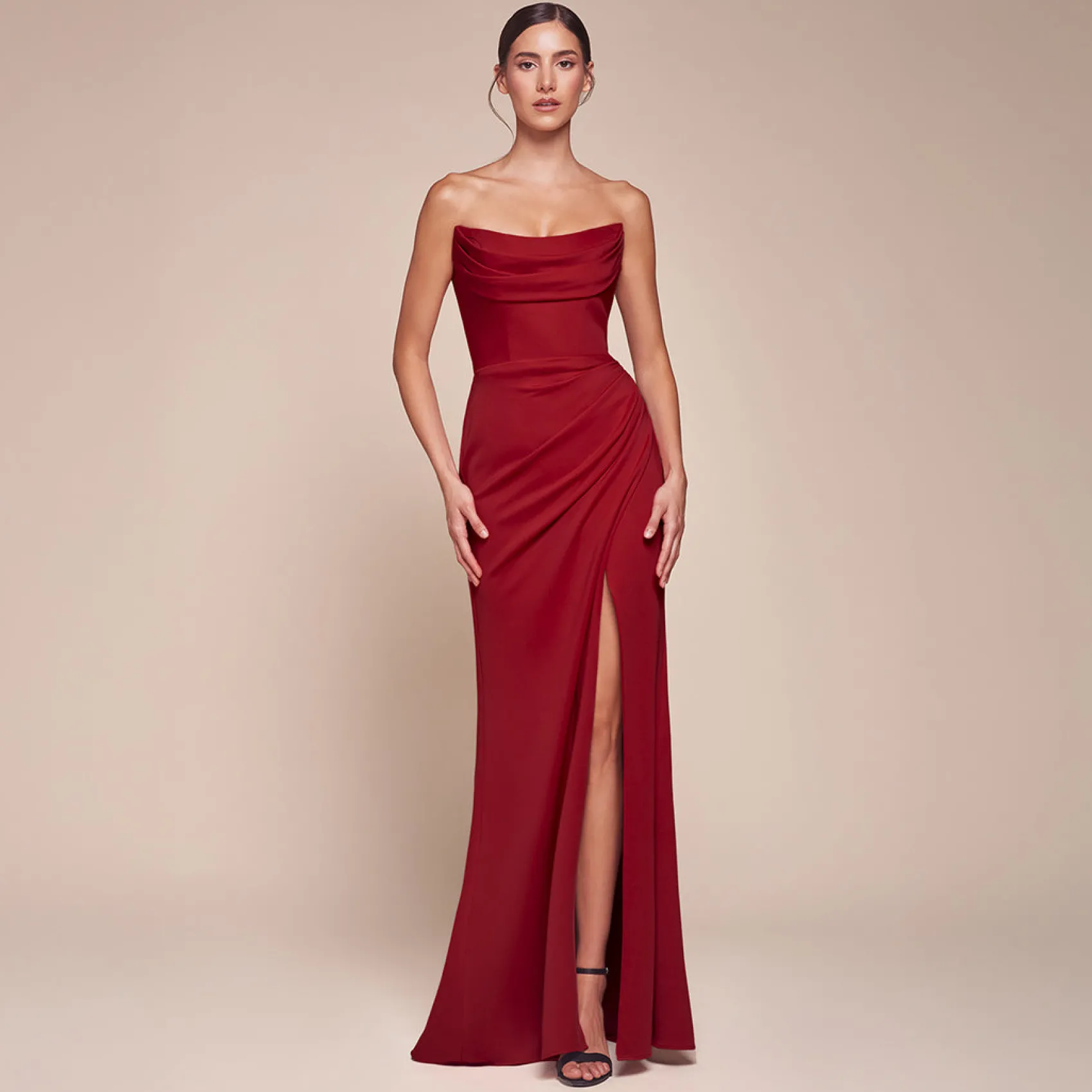 Unique Vintage Cinderella Divine Red Chiffon Strapless Slit Prom Dress Fashion