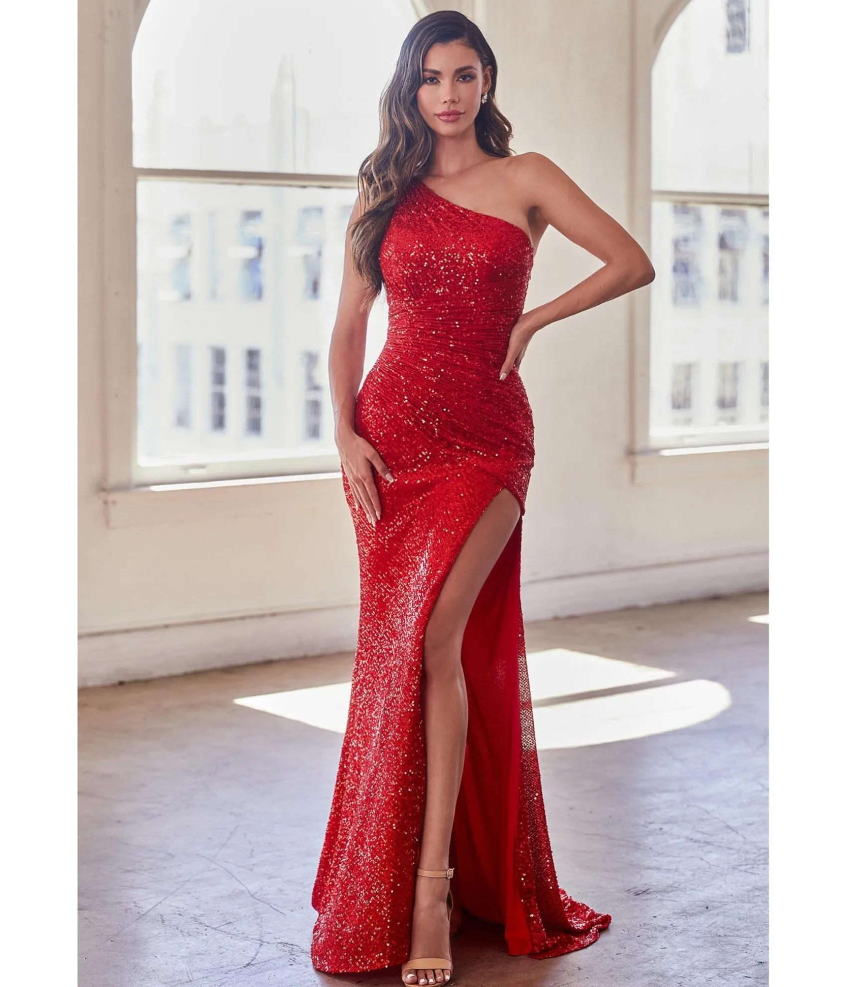 Unique Vintage Cinderella Divine Red Sequin One Shoulder Slit Evening Gown Flash Sale