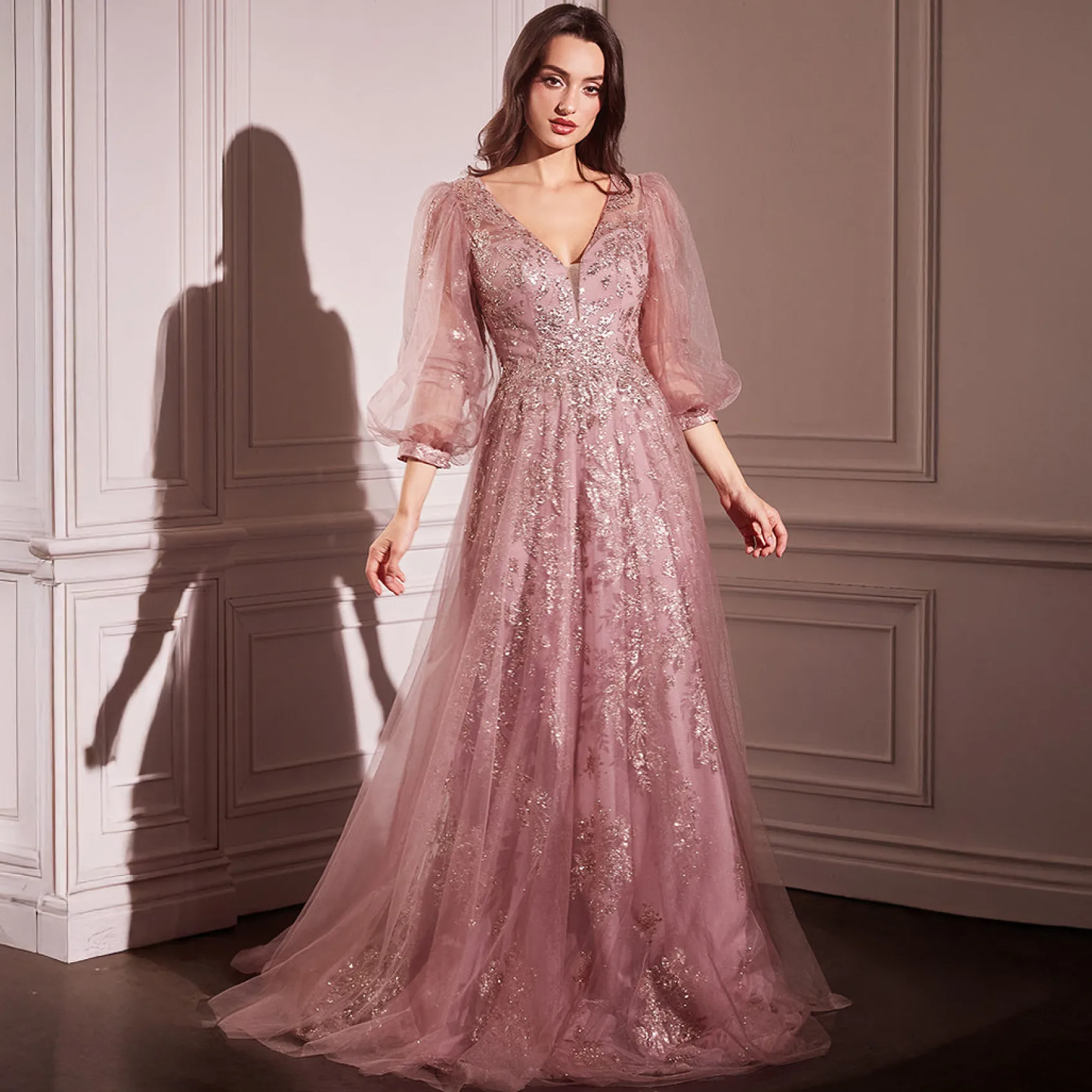 Unique Vintage Cinderella Divine Rose Gold Beaded Long Sleeve A-Line Prom Dress Sale
