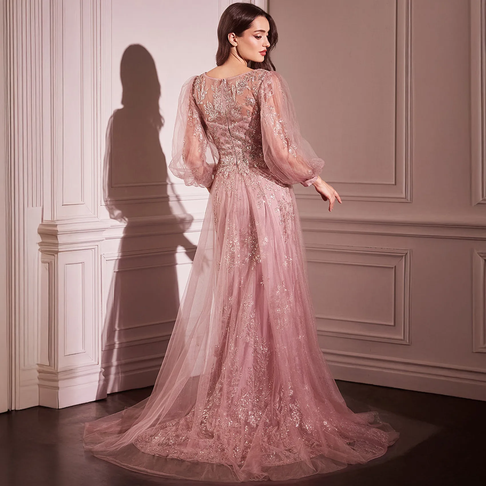 Unique Vintage Cinderella Divine Rose Gold Beaded Long Sleeve A-Line Prom Dress Sale