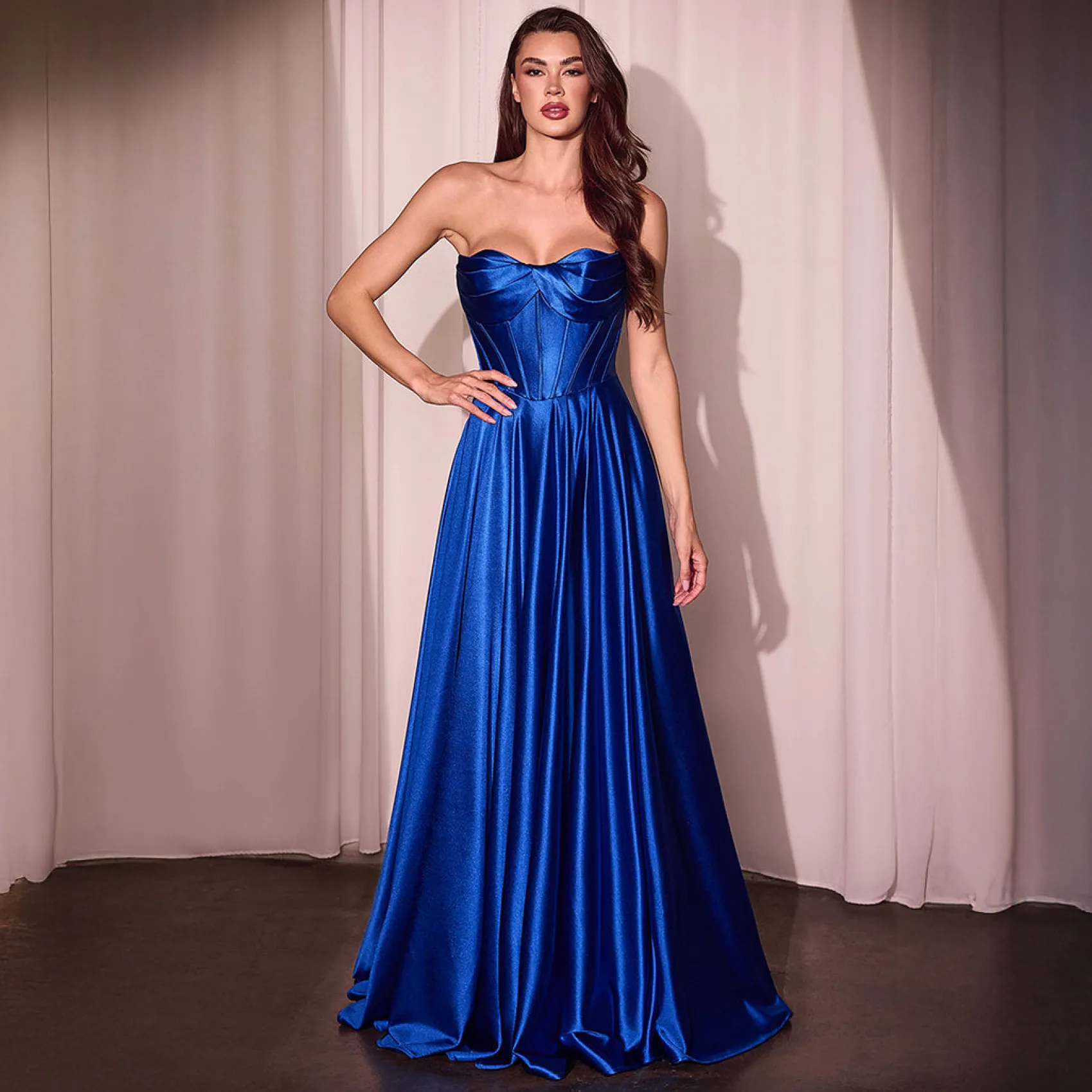 Unique Vintage Cinderella Divine Royal Blue Satin Strapless A-Line Slit Prom Dress Hot