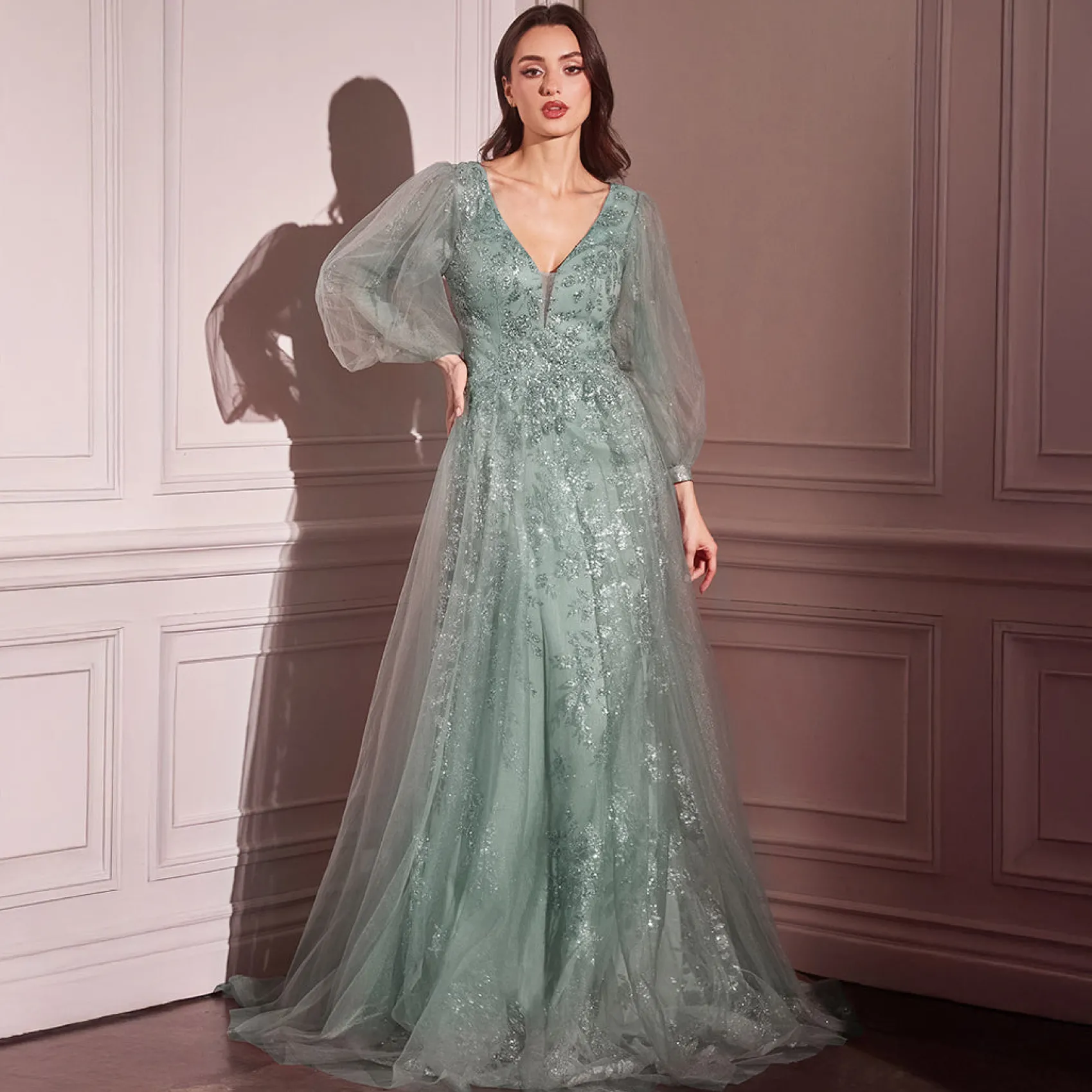 Unique Vintage Cinderella Divine Sage Beaded Long Sleeve A-Line Prom Dress Online