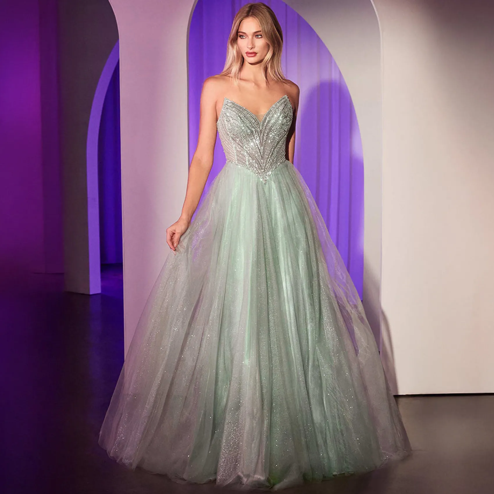 Unique Vintage Cinderella Divine Sage Beaded Strapless Tulle Prom Dress Online