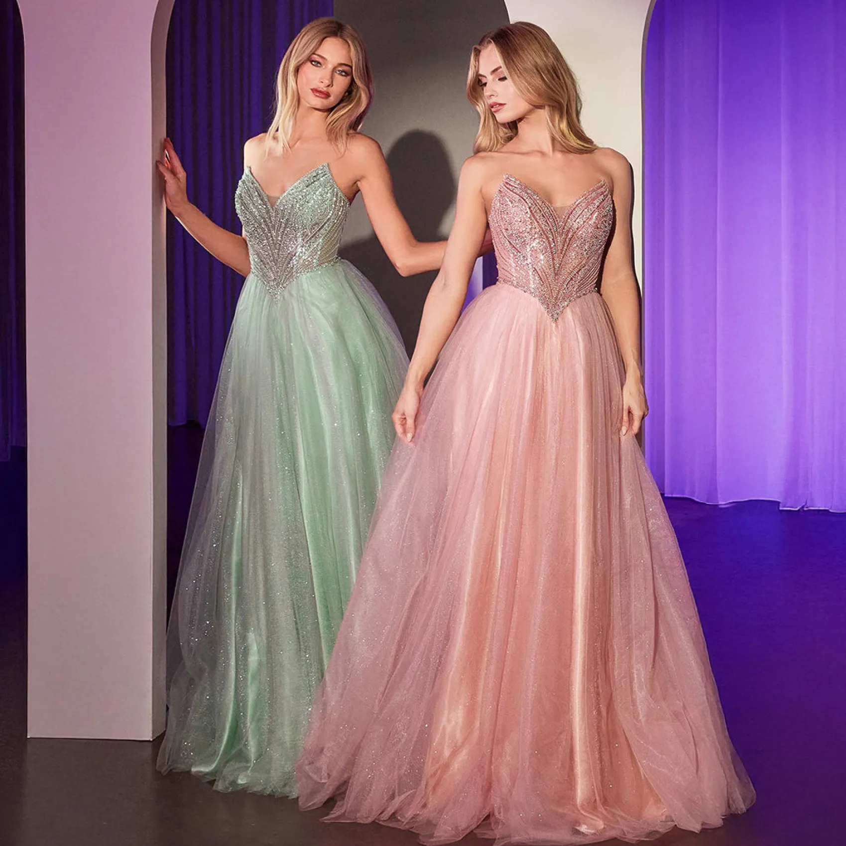 Unique Vintage Cinderella Divine Sage Beaded Strapless Tulle Prom Dress Online