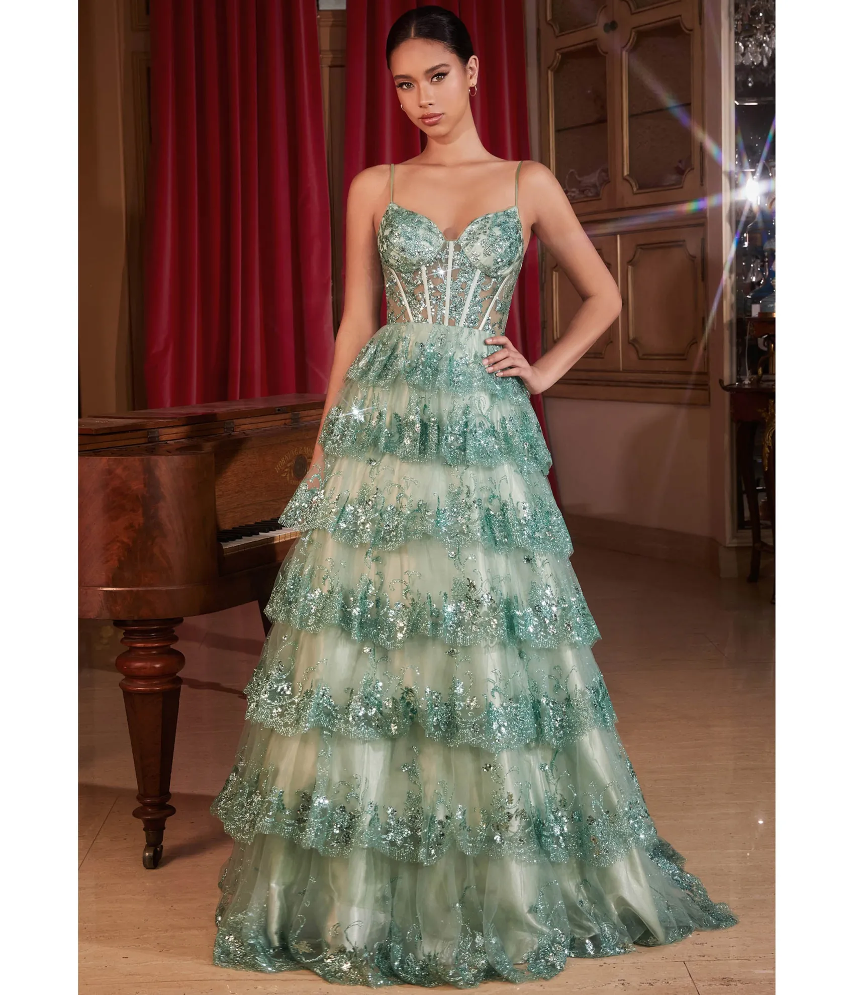 Unique Vintage Cinderella Divine Sage Sparkle Tiered Prom Dress Outlet