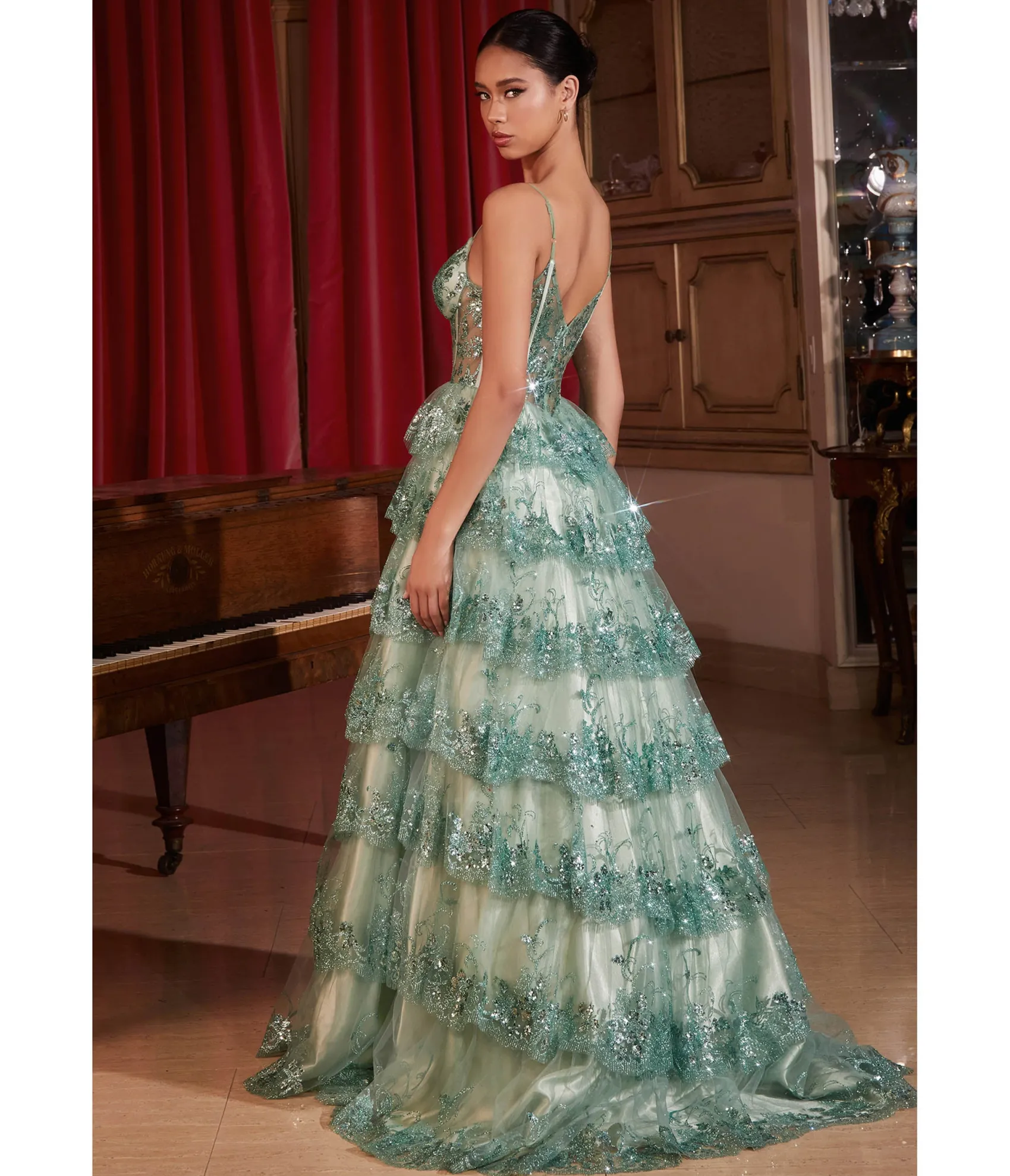 Unique Vintage Cinderella Divine Sage Sparkle Tiered Prom Dress Outlet