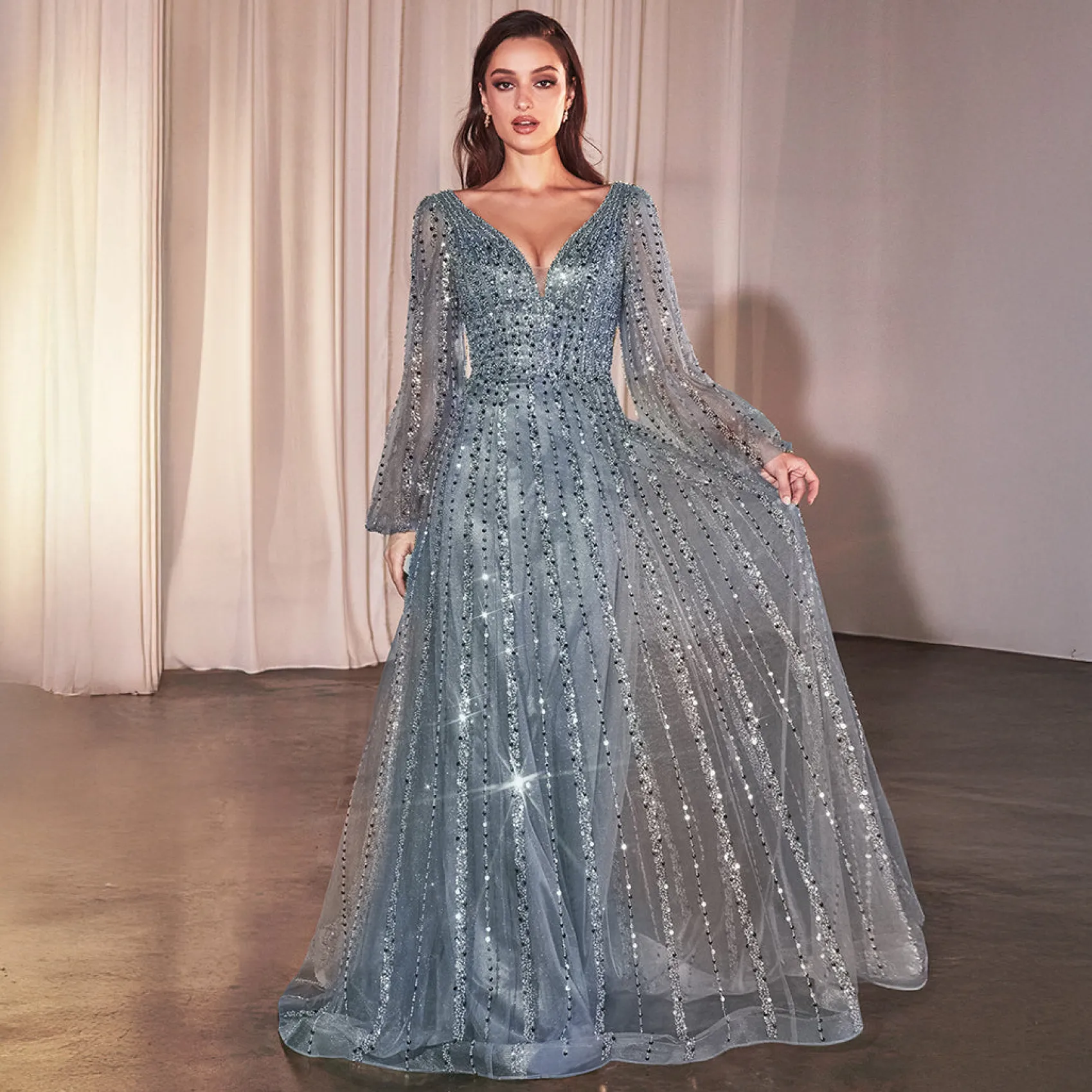 Unique Vintage Cinderella Divine Smoky Blue Beaded Long Sleeve A-Line Prom Dress Discount