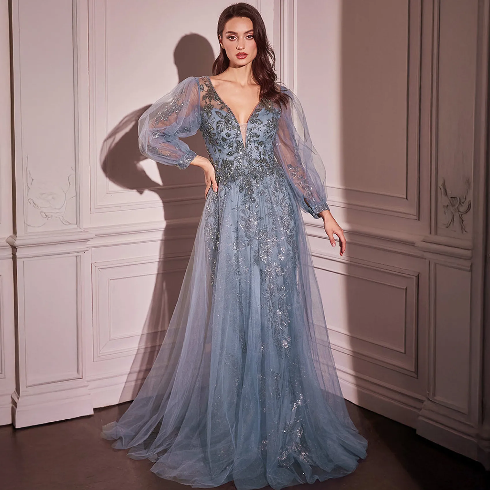 Unique Vintage Cinderella Divine Smoky Blue Beaded Long Sleeve A-Line Prom Dress Best Sale