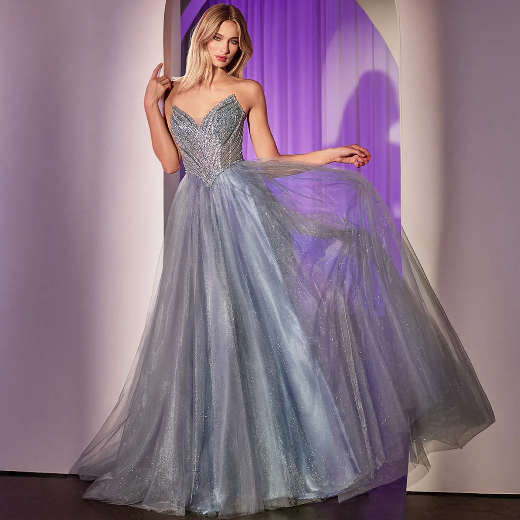 Unique Vintage Cinderella Divine Smoky Blue Beaded Strapless Tulle Prom Dress Shop