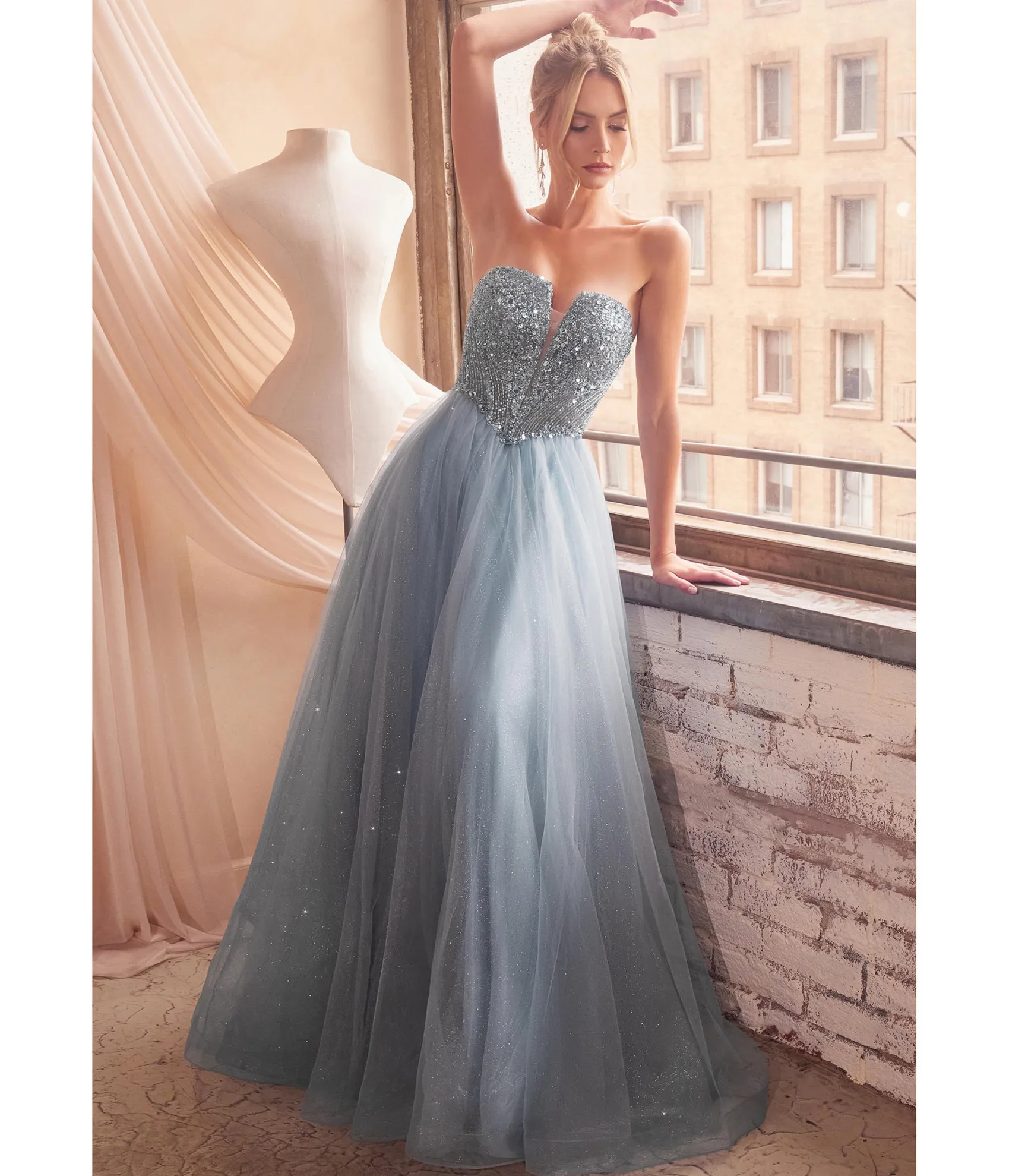 Unique Vintage Cinderella Divine Smoky Blue Glitter Bodice & Tulle Prom Ball Gown New