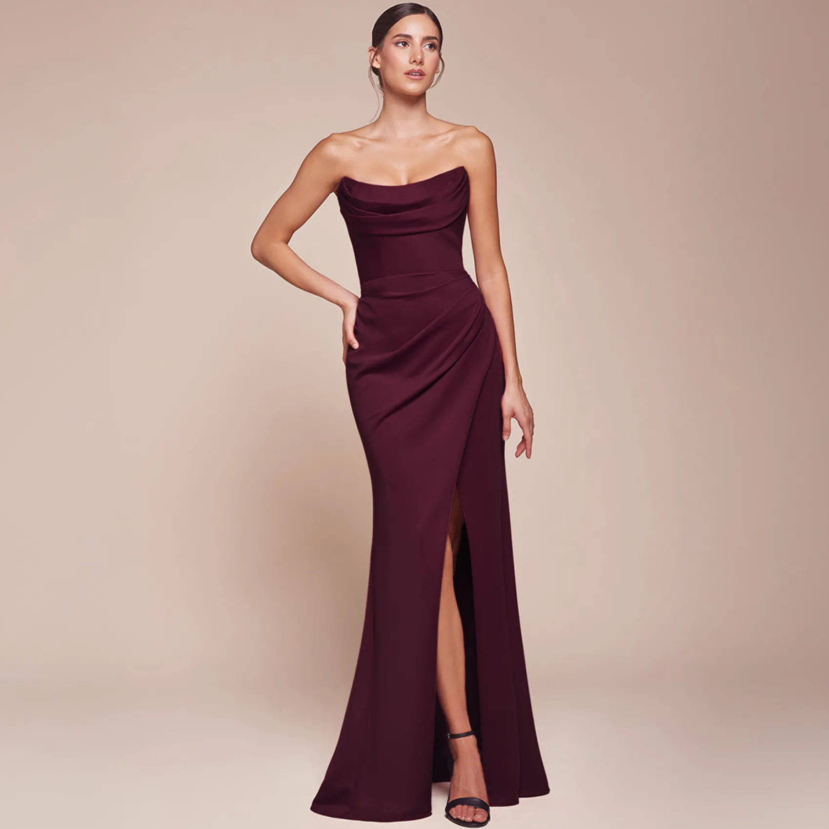 Unique Vintage Cinderella Divine Wine Chiffon Strapless Slit Prom Dress Cheap