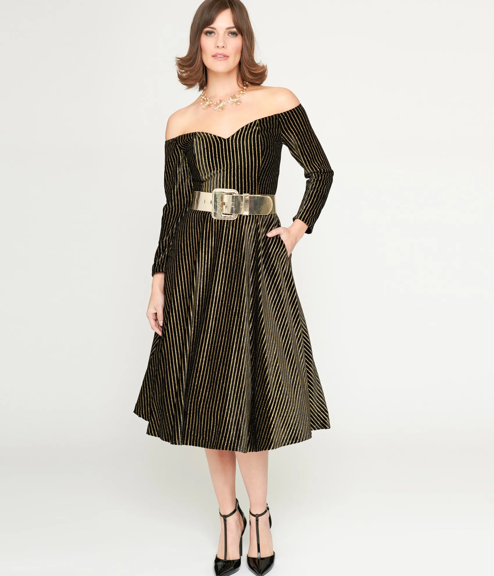 Unique Vintage Collectif Black & Gold Glitter Striped Anjelica Swing Dress Flash Sale