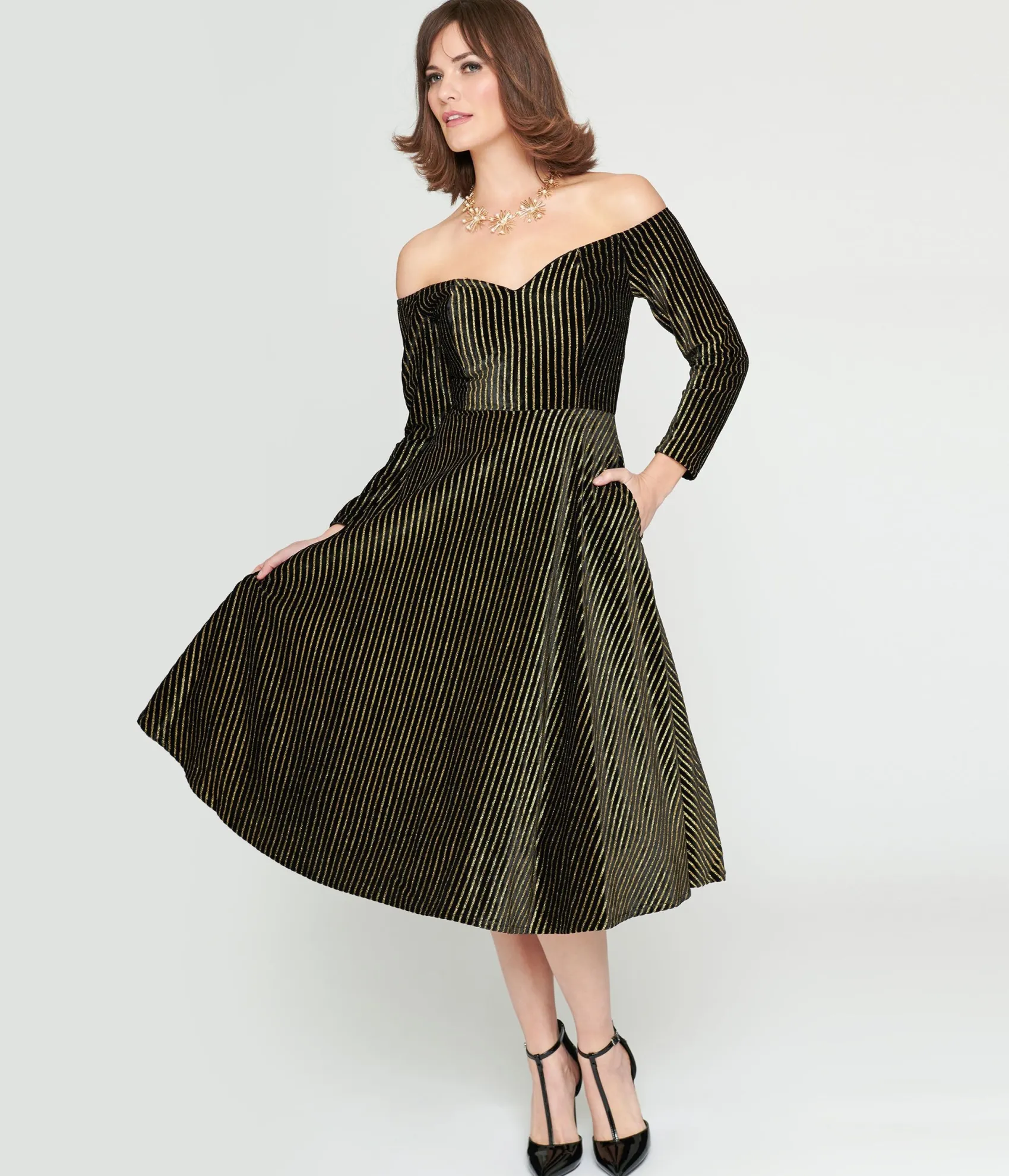 Unique Vintage Collectif Black & Gold Glitter Striped Anjelica Swing Dress Flash Sale