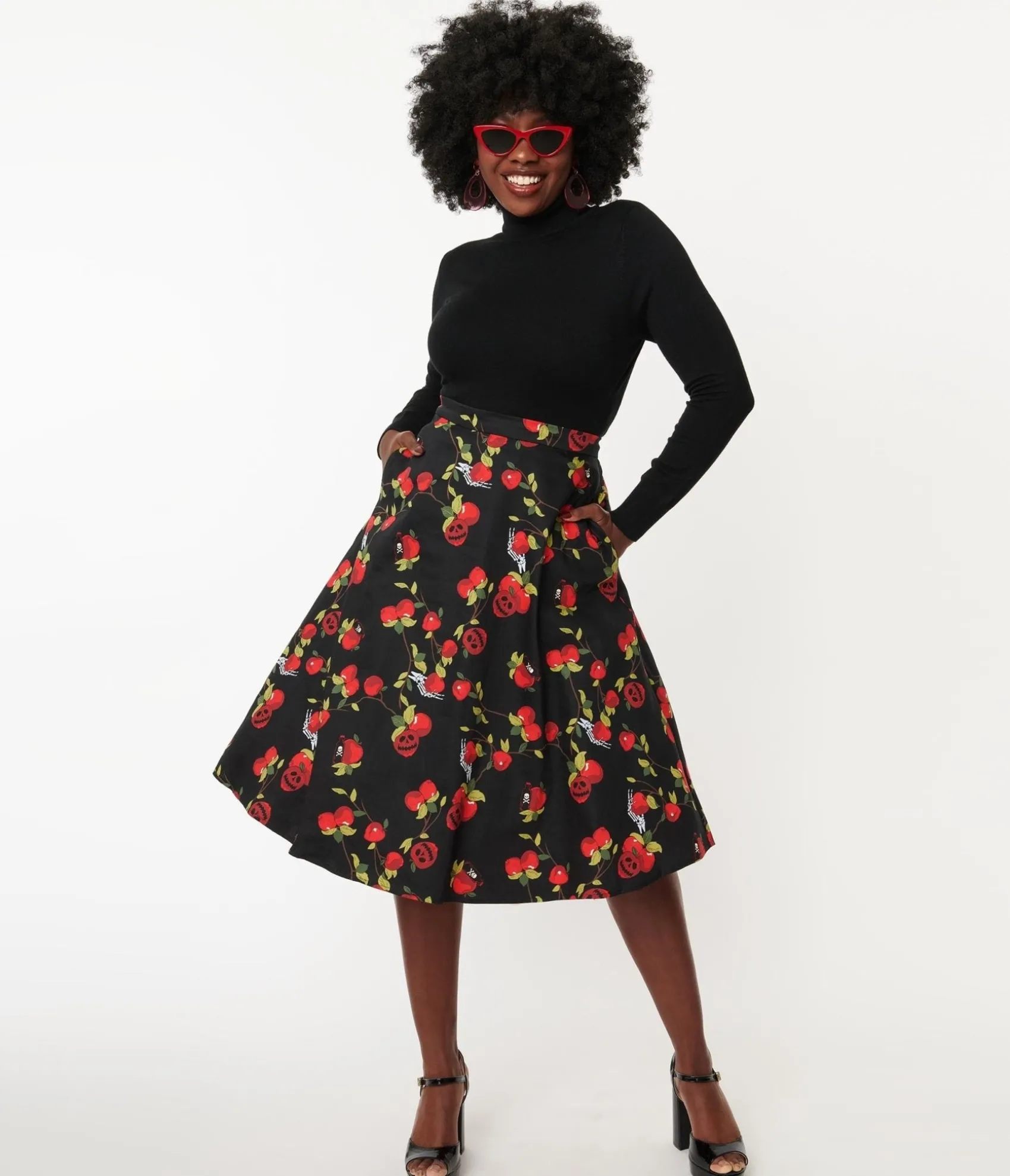 Unique Vintage Collectif Black & Red Deathly Apples Cassie Swing Skirt Flash Sale