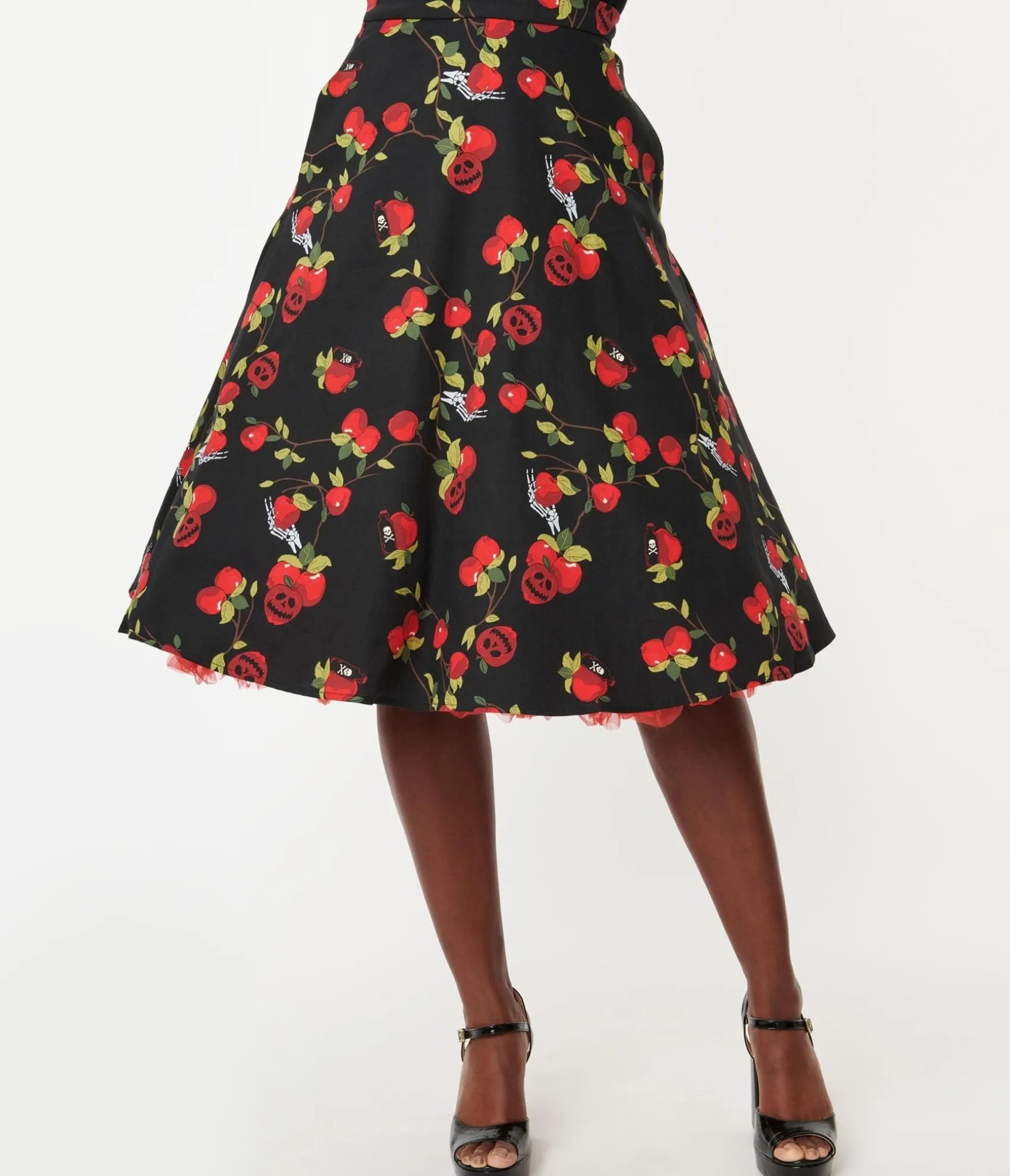 Unique Vintage Collectif Black & Red Deathly Apples Cassie Swing Skirt Flash Sale