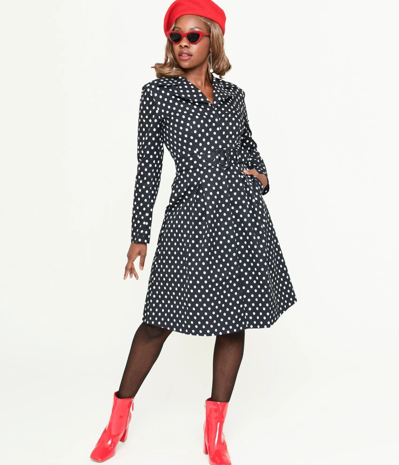 Unique Vintage Collectif Black & White Polka Dot Jolianna Trench Coat Fashion