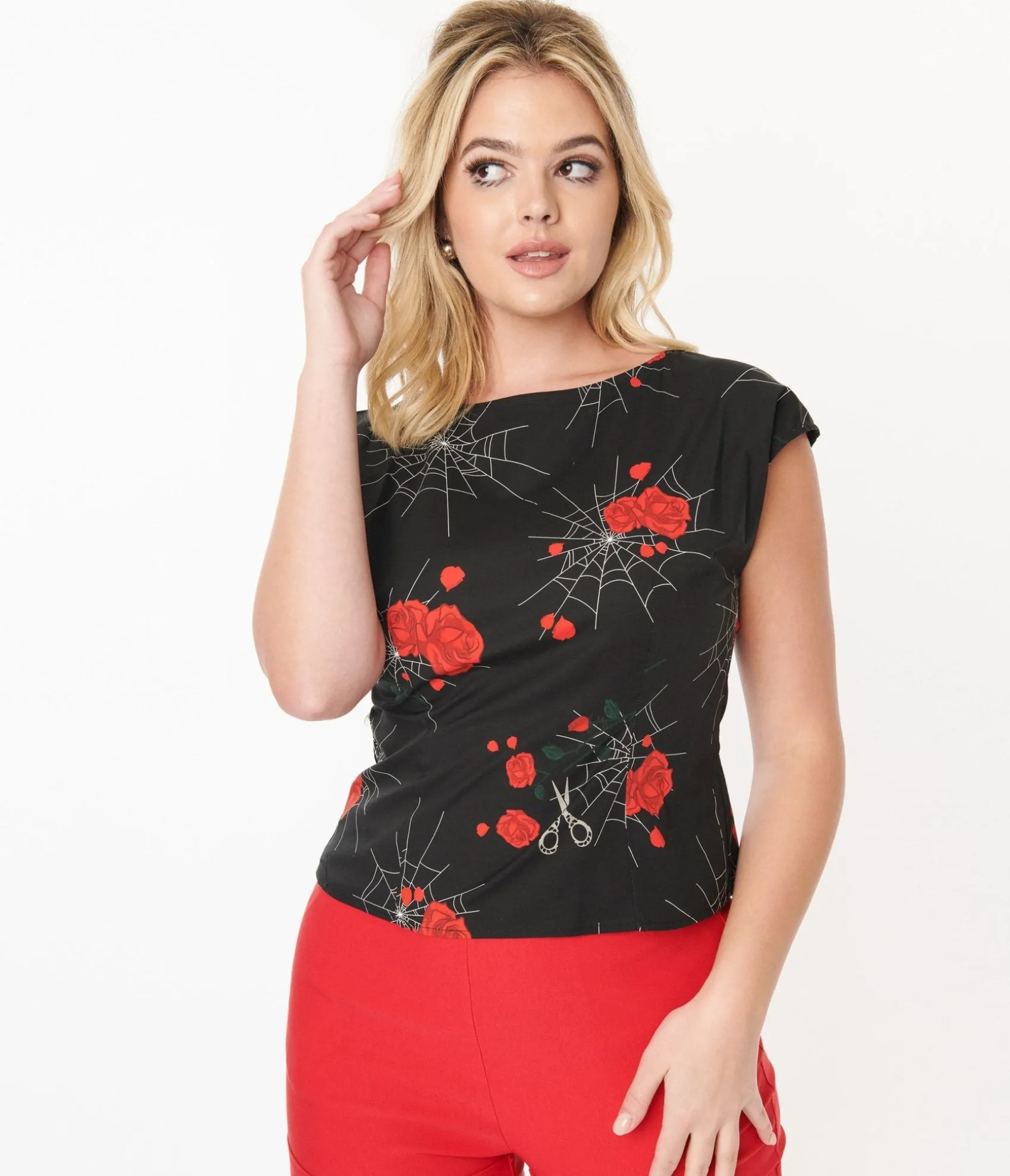 Unique Vintage Collectif Black Spinners Web & Roses Blouse Sale