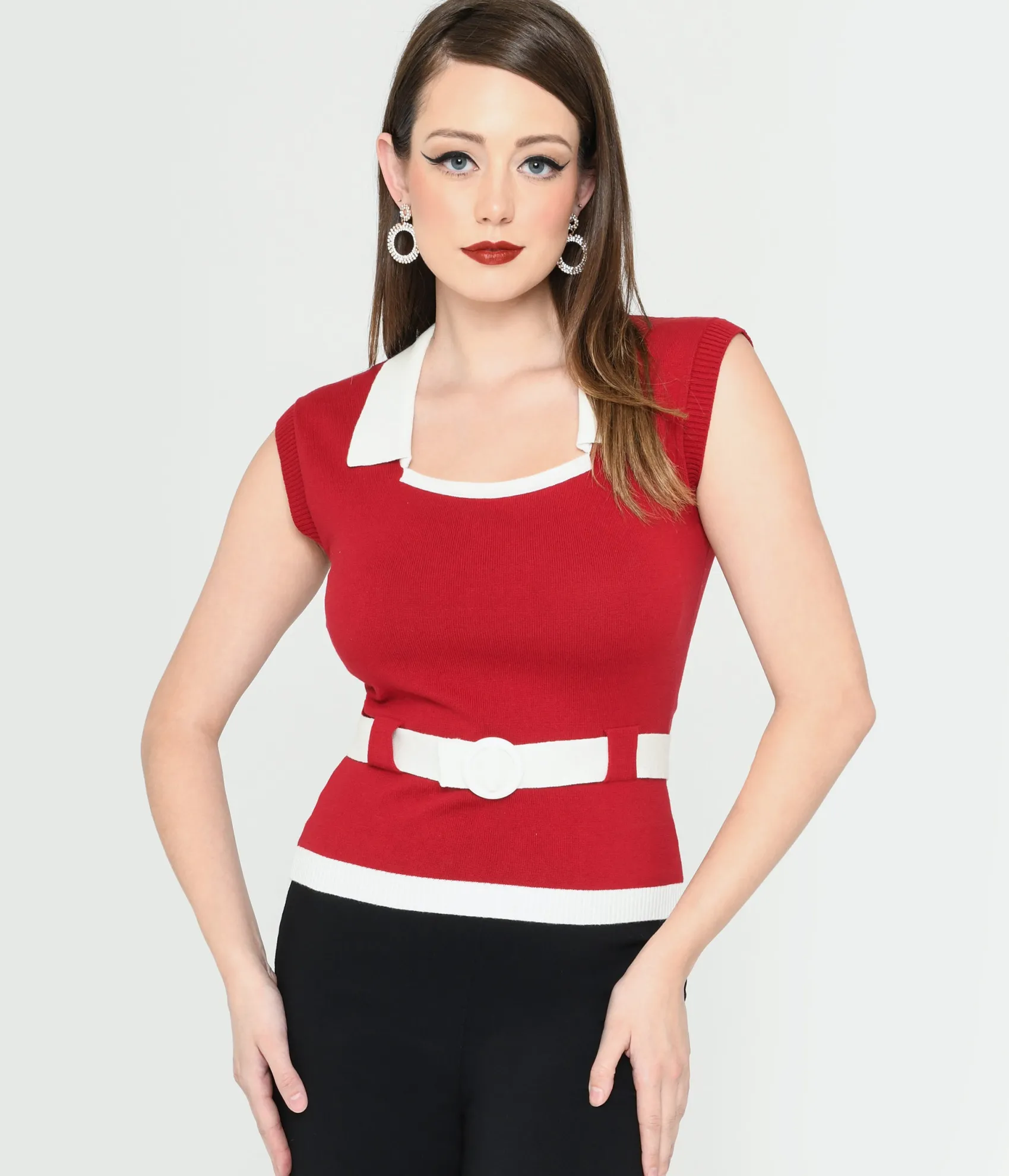Unique Vintage Collectif Burgundy & White Belted Norma Knit Top Sale