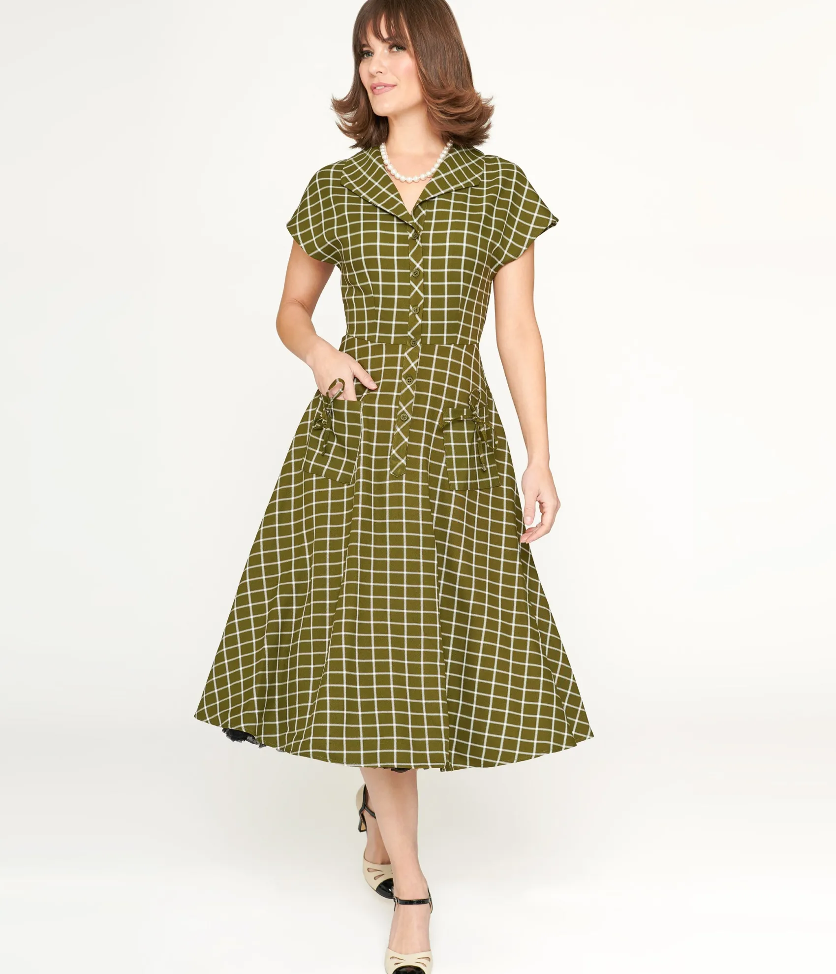 Unique Vintage Collectif Green & White Checked Liza Acres Swing Dress Flash Sale