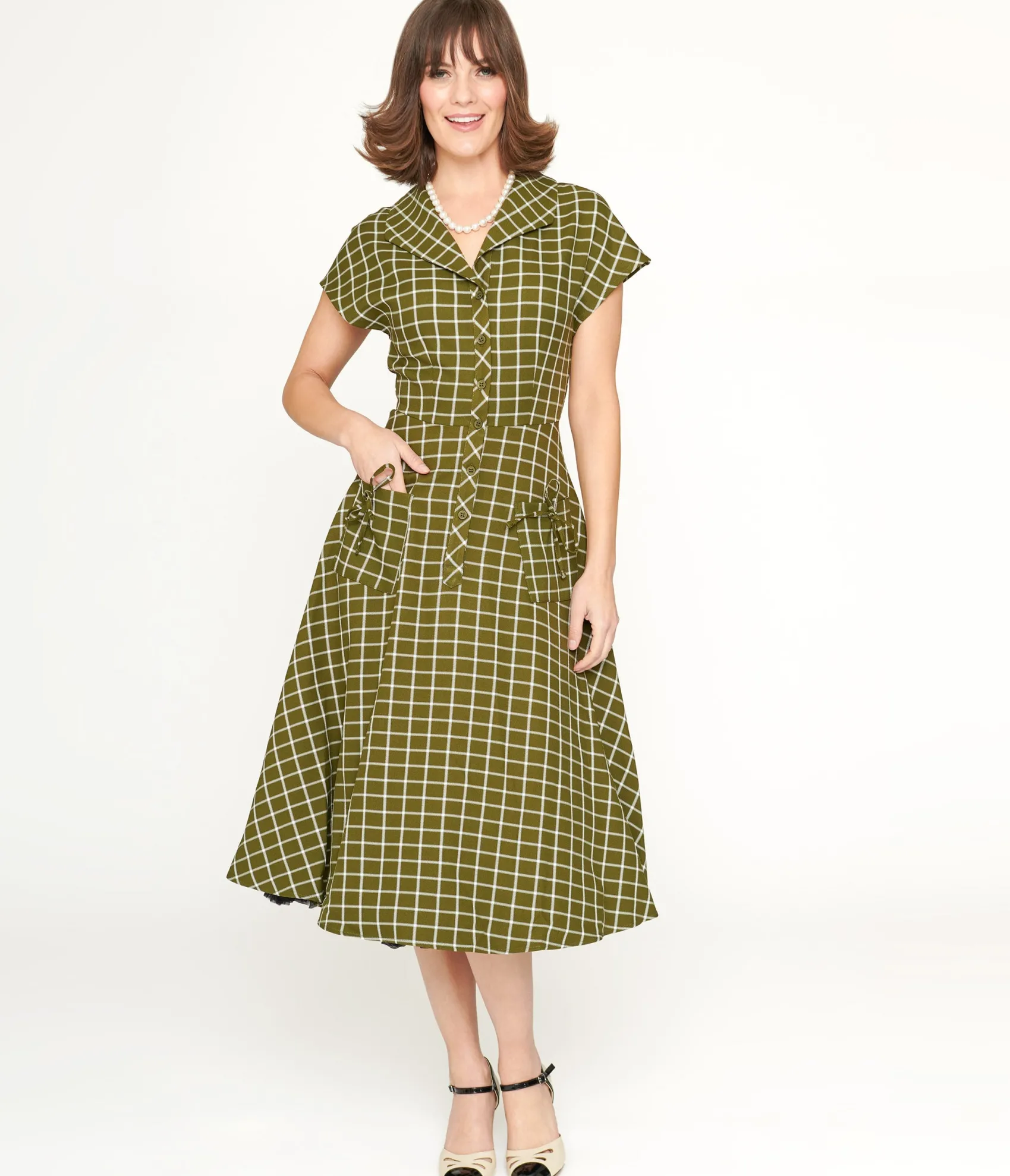 Unique Vintage Collectif Green & White Checked Liza Acres Swing Dress Flash Sale