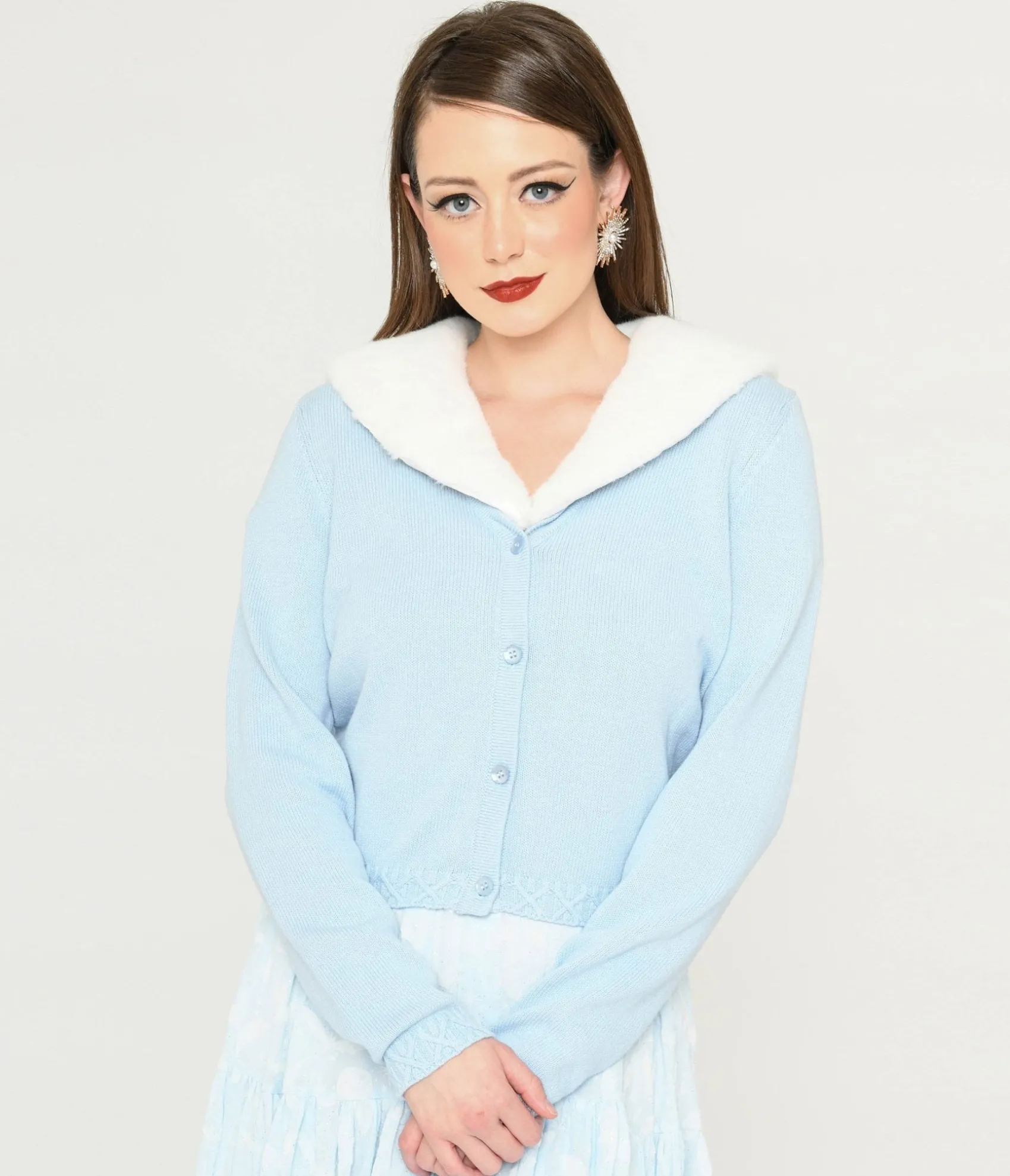 Unique Vintage Collectif Light Blue & Faux Fur Collar Cardigan Clearance