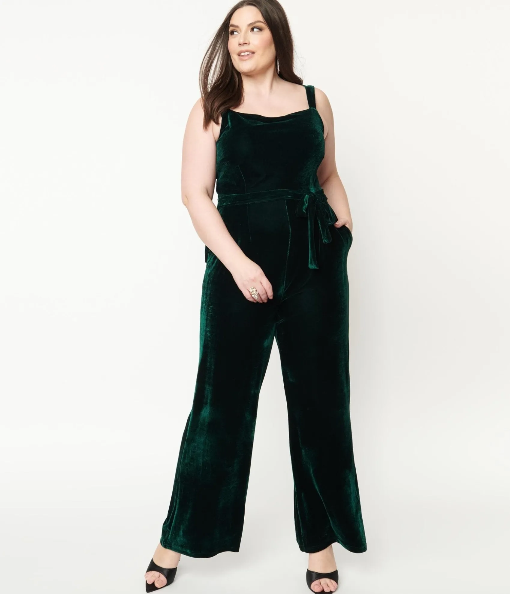 Unique Vintage Collectif Plus Size Emerald Velvet Joan Jumpsuit Discount