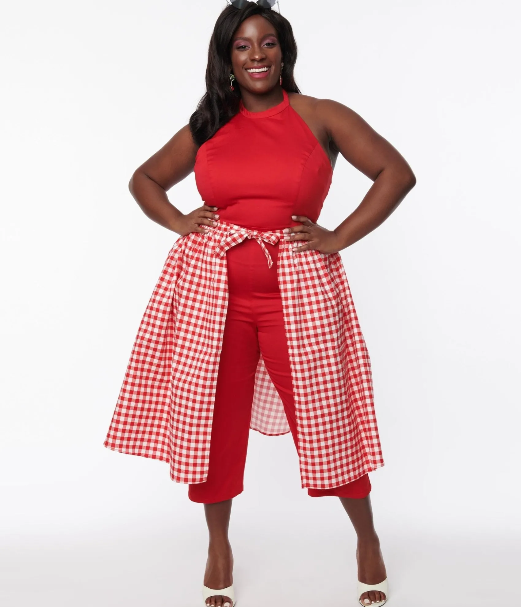 Unique Vintage Collectif Plus Size Red Gingham Skirted Midge Jumpsuit Set Flash Sale