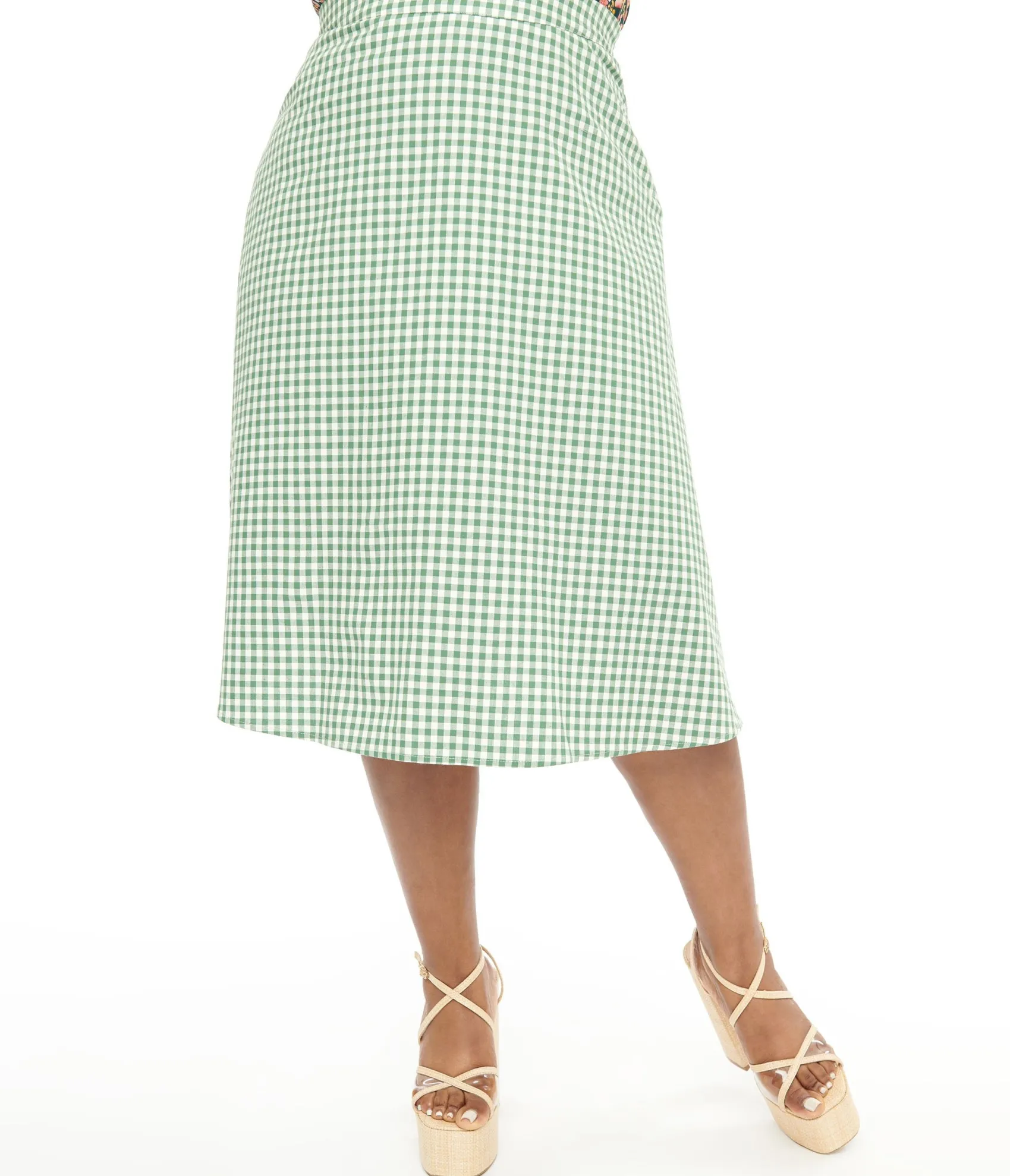 Unique Vintage Collectif Plus Size 1930s Green & White Gingham Hetty Swing Skirt Hot
