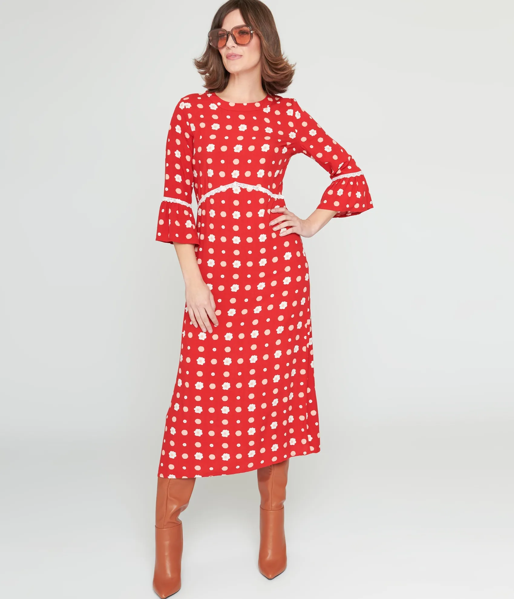 Unique Vintage Collectif Red & White Poppy Print Midi Dress Best Sale